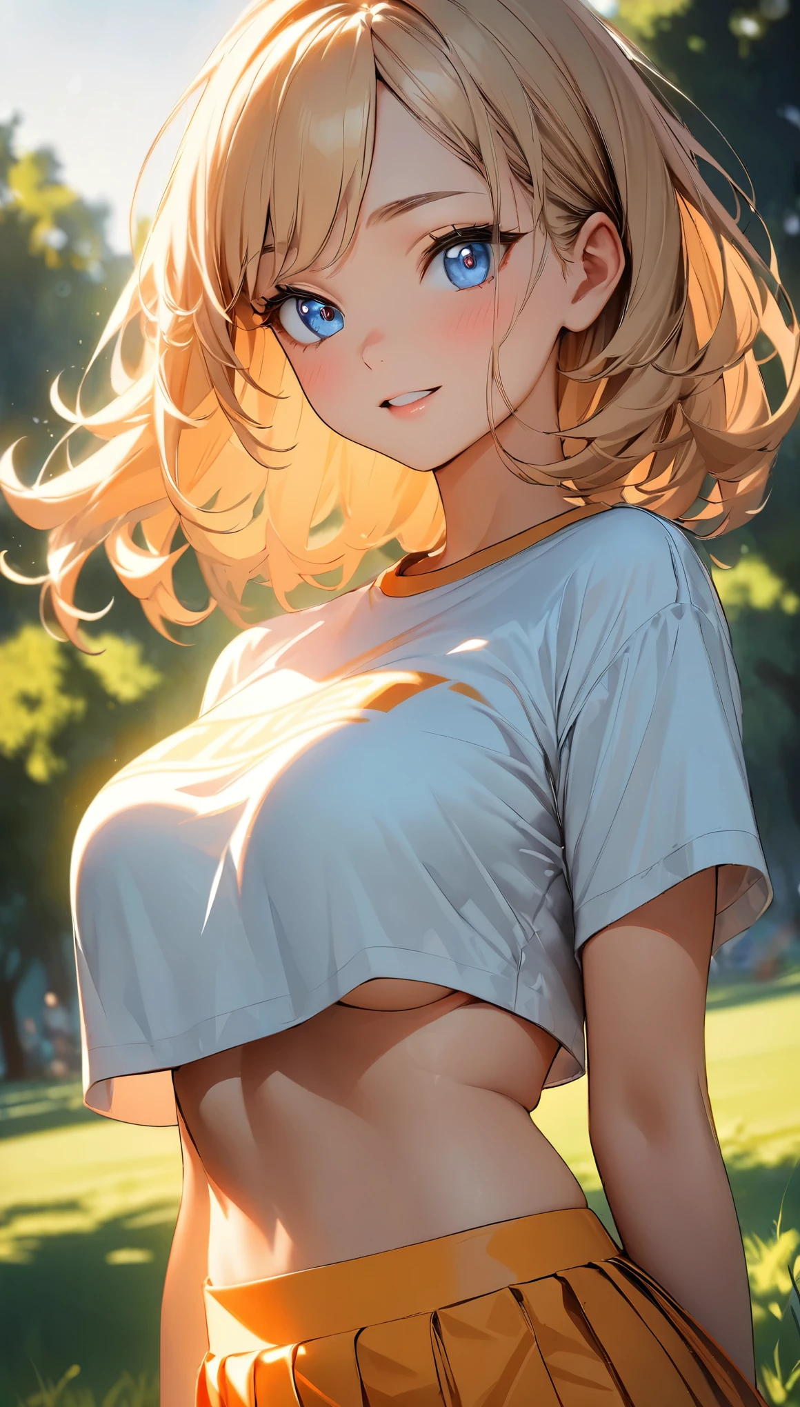(Highest quality:1.2, Very detailed, up to date, Vibrant, 超High resolution, High Contrast, masterpiece:1.2, Highest quality, Best aesthetics), (((1 girl))), Carefully drawn lawn, Park Background, (Cropped tops:1.2, The underboob is visible), Professionalism, Bright colors, Soft lighting, Expressive eyes, Detailed lips, Long eyelashes, Pleasant atmosphere, incite inferiority, Obscene eyes, Lewd smile, Open your mouth, blush, ((Color T-shirt, Pleated skirt, loose socks, lying on the grass:1.2)), Positive Energy, Calm background, A nurturing presence, High resolution, Correct Perspective 1.1, (Soft focus throughout).