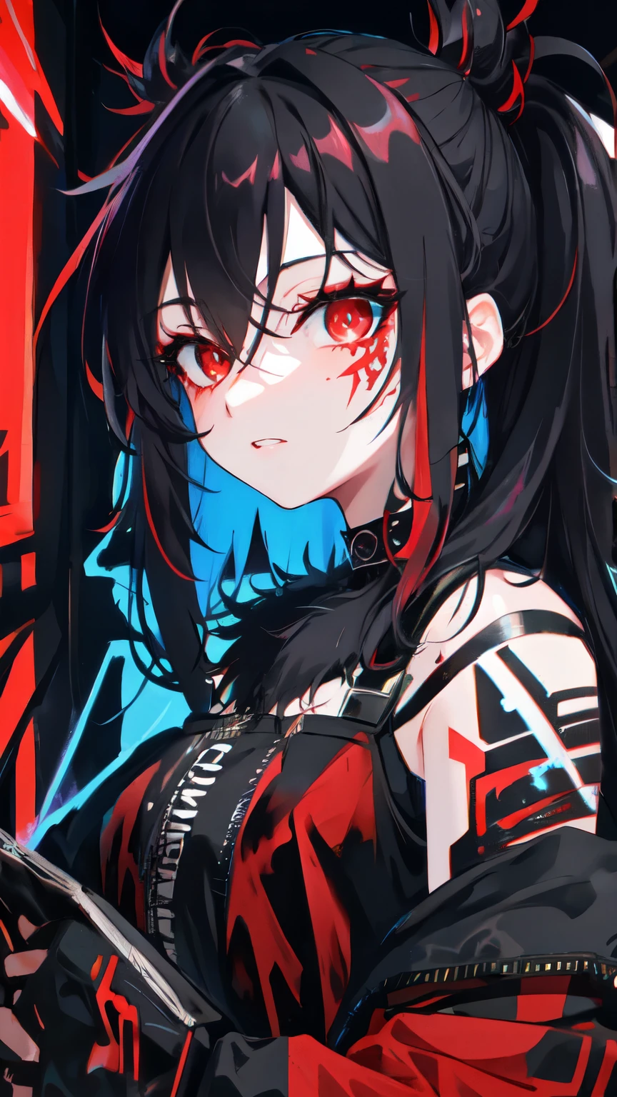 Highest quality, Intricate details, chromatic aberration, 

1 girl, Wide range, Black fur, Messy Hair, Red reflection, Hair above one eye, Red eyes, Sharp eyes, 

choker, Neon Shirt, Torn leg clothes, Open jacket, 

Against the wall, Brick wall, graffiti, Shineing grafiti, Shineing tattoos, Shine, Neon Light, 


Black light,  