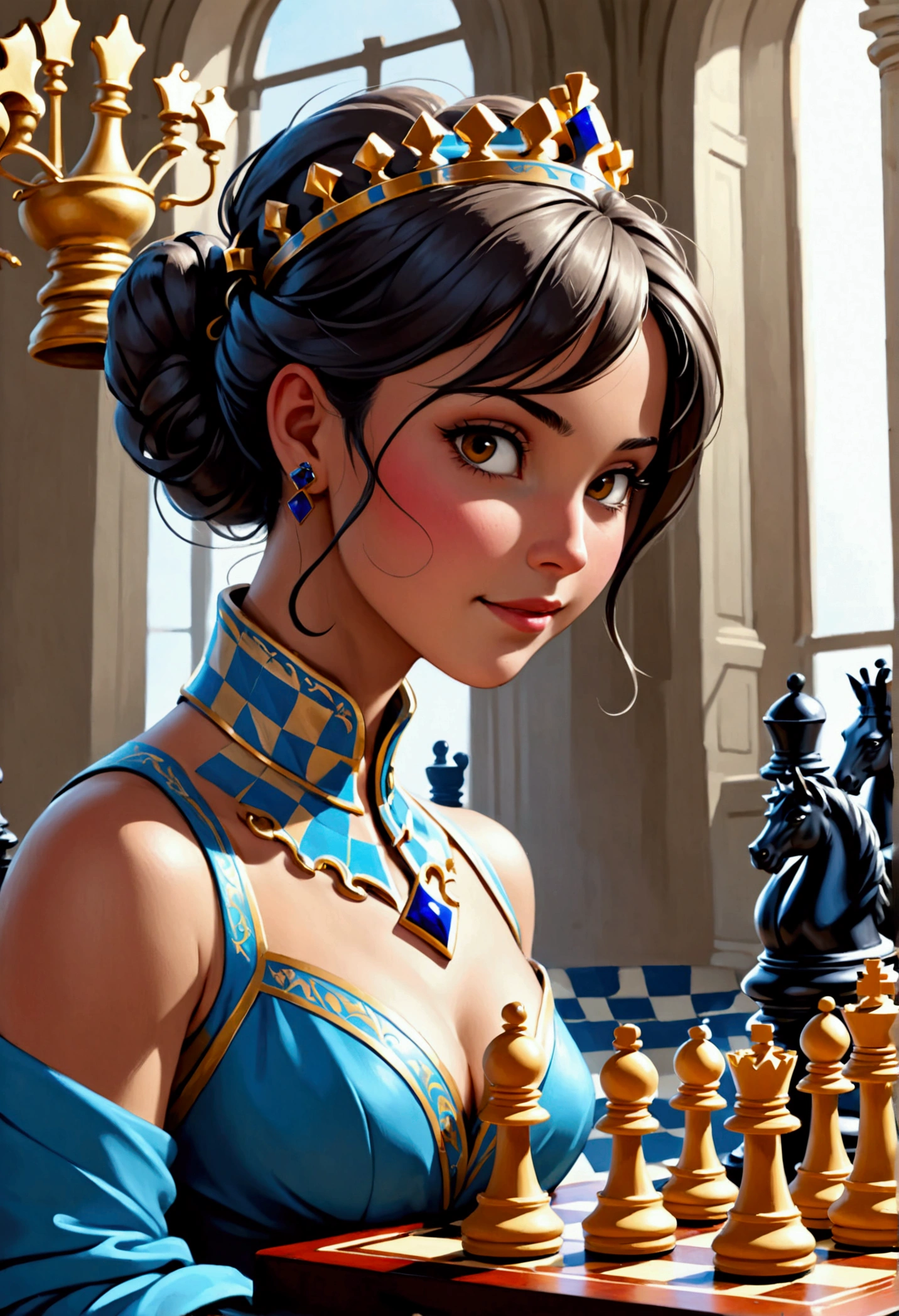 a picture of a woman proud, happy, overjoyed, victorious after winning chess game, a beautiful woman ((full body shot: 1.5)), ((anatomically correct: 1.5)) (ultra detailed face: 1.4), dynamic skin complexion, dynamic hair style, dynamic hair color, ((winning a chess game: 1.5)), at chess tournament, she is dressed in elegant dress, intricate dress, dynamic color dress, dynamic style dress, wearing high heels, a ((look of satisfaction: 1.3)), a look of ((victory: 1.3)), a look of overcoming great obstacle, chess tournament background,  vibrant, Ultra-high resolution, High Contrast, (masterpiece:1.5), highest quality, Best aesthetics), best details, best quality, highres, 16k, [ultra detailed], masterpiece, best quality, (extremely detailed), Cinematic Hollywood Film style