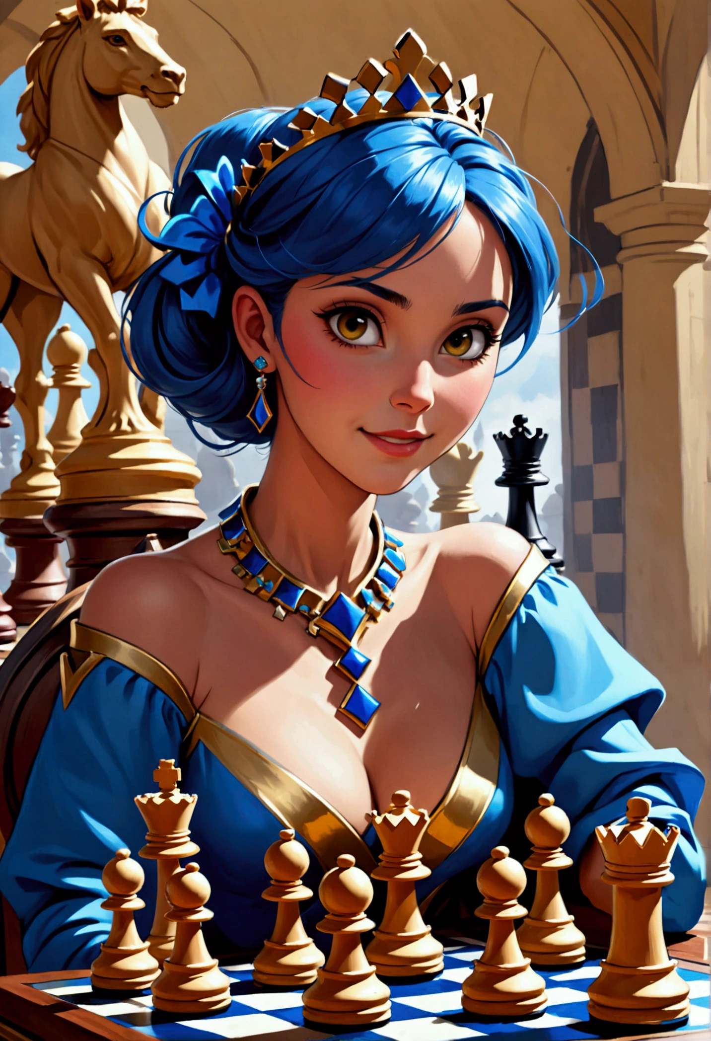 a picture of a woman proud, happy, overjoyed, victorious after winning chess game, a beautiful woman ((full body shot: 1.5)), ((anatomically correct: 1.5)) (ultra detailed face: 1.4), dynamic skin complexion, dynamic hair style, dynamic hair color, ((winning a chess game: 1.5)), at chess tournament, she is dressed in elegant dress, intricate dress, dynamic color dress, dynamic style dress, wearing high heels, a ((look of satisfaction: 1.3)), a look of ((victory: 1.3)), a look of overcoming great obstacle, chess tournament background,  vibrant, Ultra-high resolution, High Contrast, (masterpiece:1.5), highest quality, Best aesthetics), best details, best quality, highres, 16k, [ultra detailed], masterpiece, best quality, (extremely detailed), Cinematic Hollywood Film style