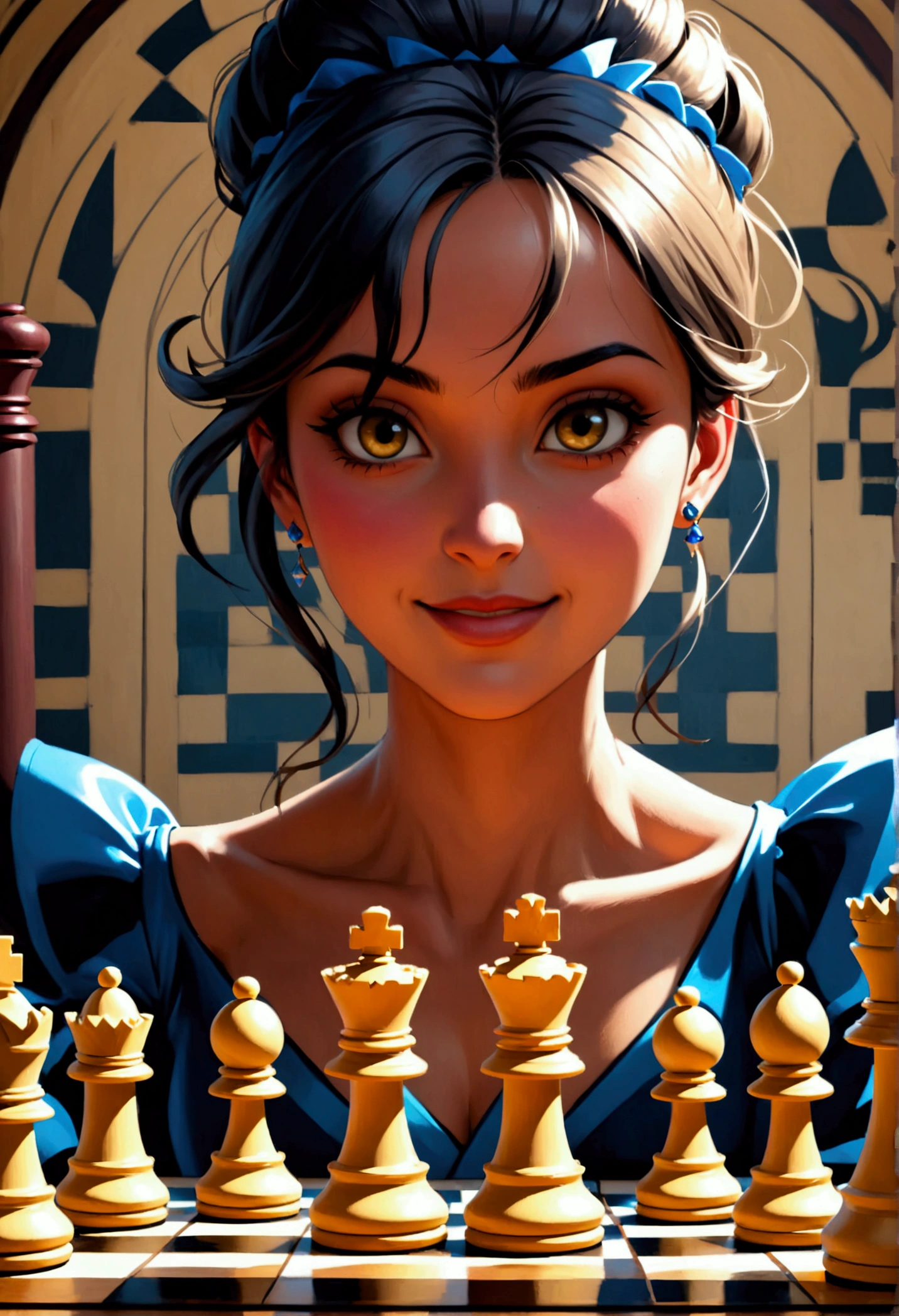 a picture of a woman proud, happy, overjoyed, victorious after winning chess game, a beautiful woman ((full body shot: 1.5)), ((anatomically correct: 1.5)) (ultra detailed face: 1.4), dynamic skin complexion, dynamic hair style, dynamic hair color, ((winning a chess game: 1.5)), at chess tournament, she is dressed in elegant dress, intricate dress, dynamic color dress, dynamic style dress, wearing high heels, a ((look of satisfaction: 1.3)), a look of ((victory: 1.3)), a look of overcoming great obstacle, chess tournament background,  vibrant, Ultra-high resolution, High Contrast, (masterpiece:1.5), highest quality, Best aesthetics), best details, best quality, highres, 16k, [ultra detailed], masterpiece, best quality, (extremely detailed), Cinematic Hollywood Film style