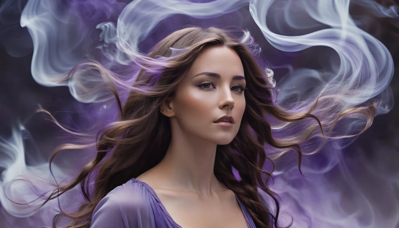 create a bust of an avatar from a ((brunette woman with wavy hair with an air of spirituality)), She has large ((long brown hair)), the background of this image is purple and lilac smoke, ((hair with movements))