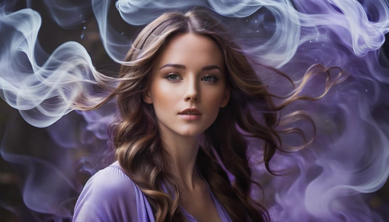 create a bust of an avatar from a ((brunette woman with wavy hair with an air of spirituality)), She has large ((long brown hair)), the background of this image is purple and lilac smoke, ((hair with movements))