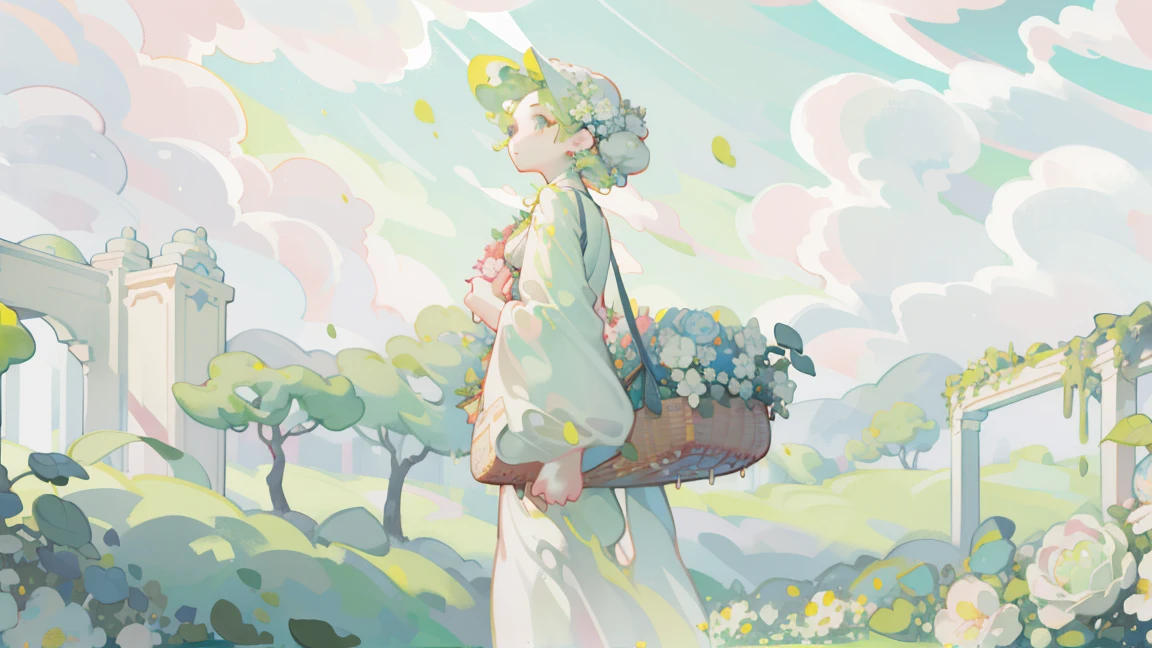 Epic CG matte painting, Wide view, Pale green clouds, borgar, A garden full of flowers on the clouds, A few drops of water fell from the clouds, A sea of pale green roses, high-definition image, illusory engine, ArtStation 4k HD trend