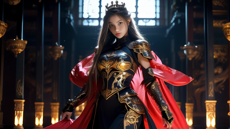 ((Highest quality)), ((masterpiece)), (Very detailed:1.3),Woman in black armor, Long Hair. In his right hand he holds a fine sword, Armor fight scene, Very cute face, Very slim body, Very slim, Narrow waist, Super perfect big , Perfect big round breasts, Smooth Skin, Silky Hair, blue eyes, , Red Robe,Blue hijab with princess crown , Luxurious golden patterned armor, blonde, Fighting Style, Red lips, blush, Erect nipples , ,、Perfect body、1 female