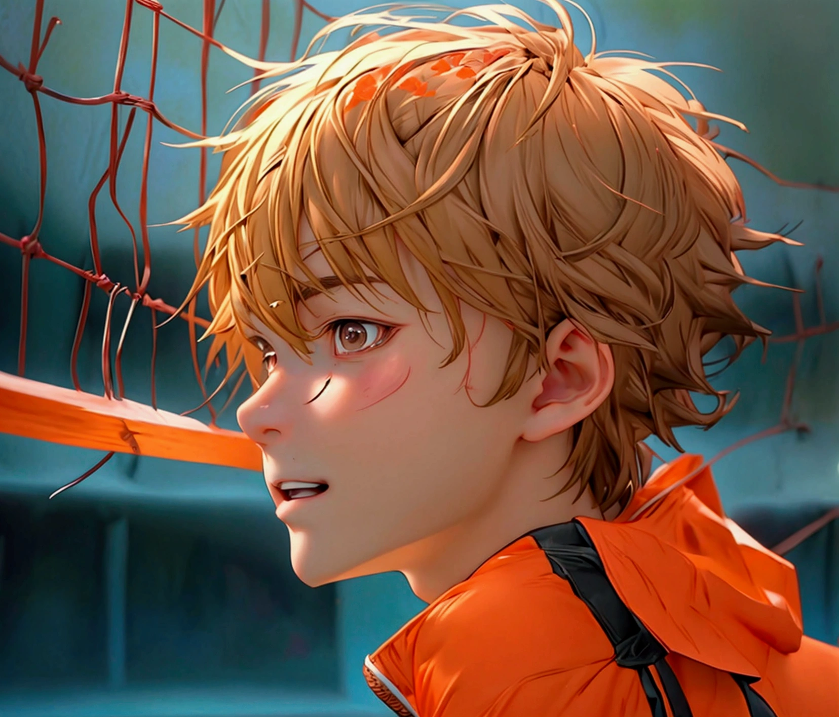 (Very realistic, concentrate、High resolution, Detailed face, Detailed Hair,fine grain)，Official Art，8k wallpaper，figure，((One boy)), Shorthair with light brown hair、Light brown eyes、smile, Trendy clothing，sneakers，whole body，Hands hang down naturally，bright smile,orange hair color, Japanese anime style, anime volleyball boy