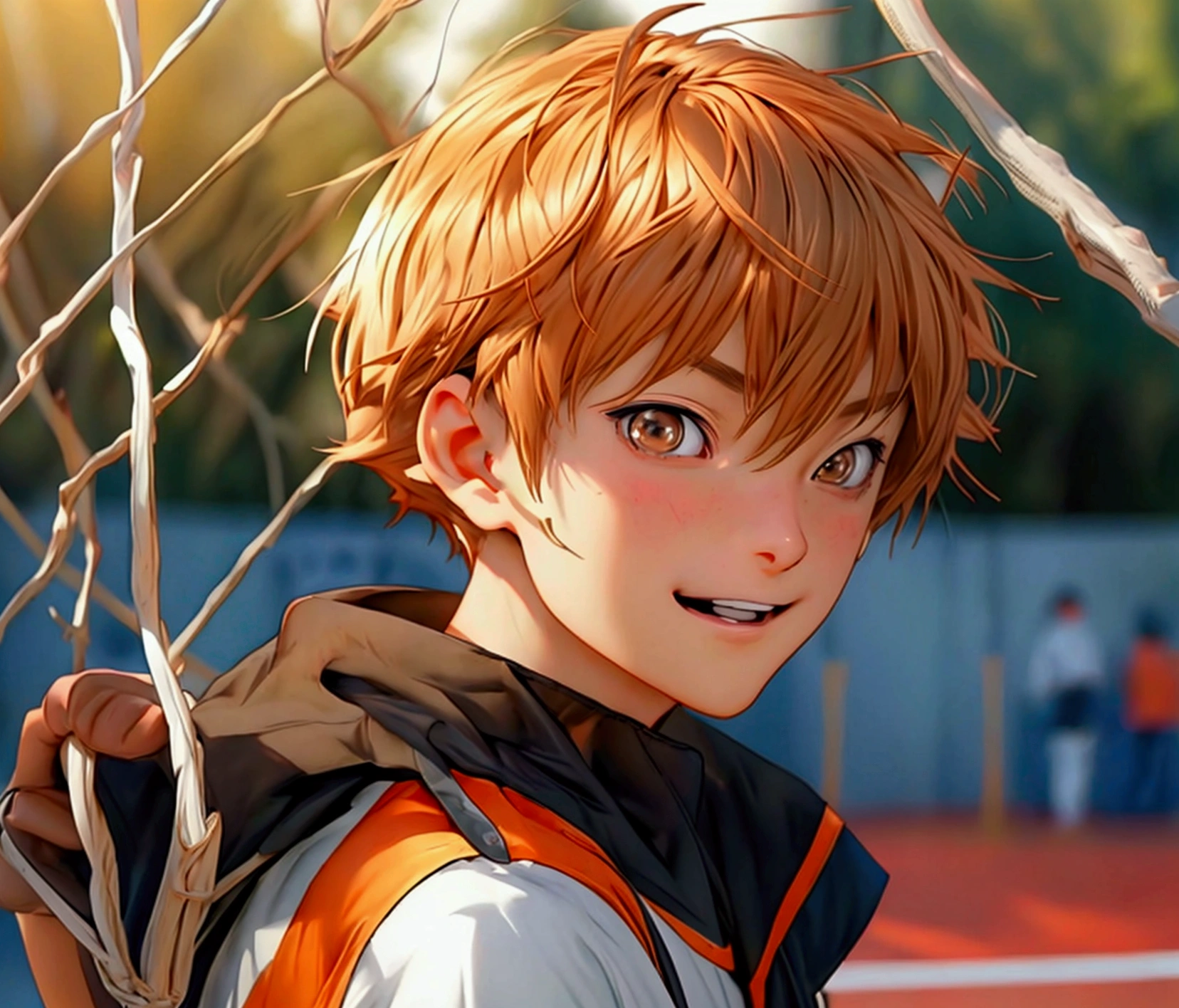 (Very realistic, concentrate、High resolution, Detailed face, Detailed Hair,fine grain)，Official Art，8k wallpaper，figure，((One boy)), Shorthair with light brown hair、Light brown eyes、smile, Trendy clothing，sneakers，whole body，Hands hang down naturally，bright smile,orange hair color, Japanese anime style, anime volleyball boy