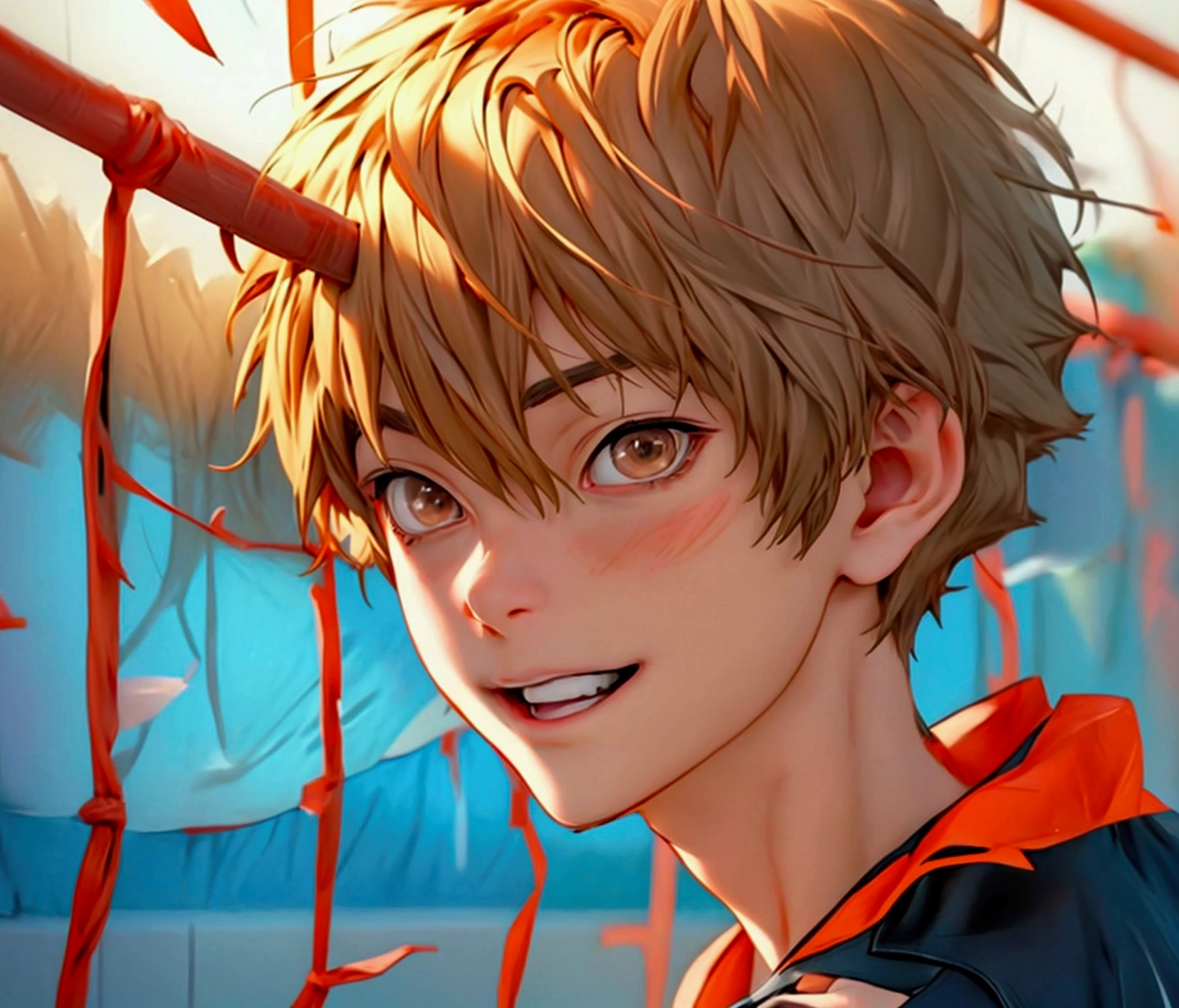 (Very realistic, concentrate、High resolution, Detailed face, Detailed Hair,fine grain)，Official Art，8k wallpaper，figure，((One boy)), Shorthair with light brown hair、Light brown eyes、smile, Trendy clothing，sneakers，whole body，Hands hang down naturally，bright smile,orange hair color, Japanese anime style, anime volleyball boy