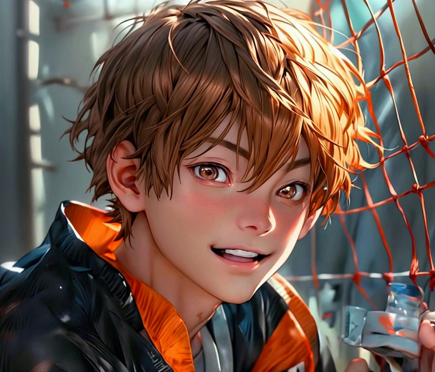 (Very realistic, concentrate、High resolution, Detailed face, Detailed Hair,fine grain)，Official Art，8k wallpaper，figure，((One boy)), Shorthair with light brown hair、Light brown eyes、smile, Trendy clothing，sneakers，whole body，Hands hang down naturally，bright smile,orange hair color, Japanese anime style, anime volleyball boy