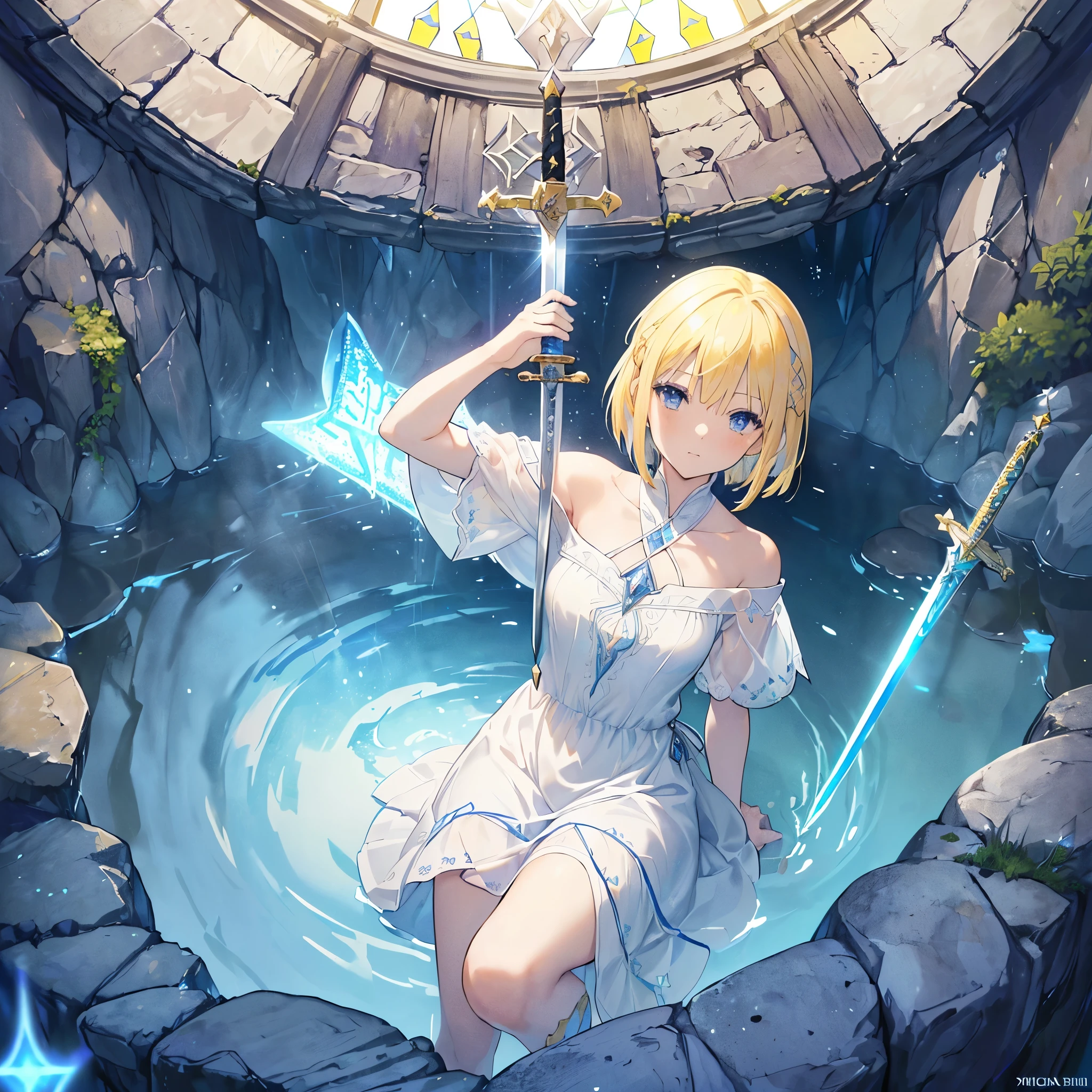 ((((Arthur Pull the sword from the stone、Excalibur)))) (((Yellow Hair、Short Bob blue eyes White Dress Goddess of victory))) ((Bathed in light)) (Stained glass、Shine Illuminated from above) Shineエッジ Shine背景