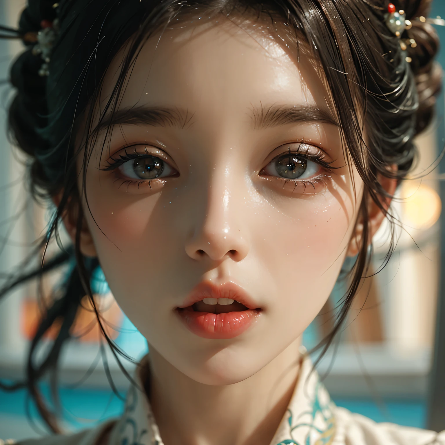 ExtremelyDetailed KAWAII girl Face,(Close-up big lips), glossy lips with beautiful details, Coquettish tongue, Kissing to camera, towards the viewer, 8K TopQuality masterpiece,an extremely delicate and beautiful (ProfessionalPhoto:1.37), Amazing,finely detail,official art,incredibly absurdres,ultra-detailed,close-up shot, close up, (fish eye lens), wide lens, macro lens, Detailed brilliant Eyes ElaboratePupils with (sparkling highlights:1.28) (Delicate Voluminous LongEyelashes:0.88)
