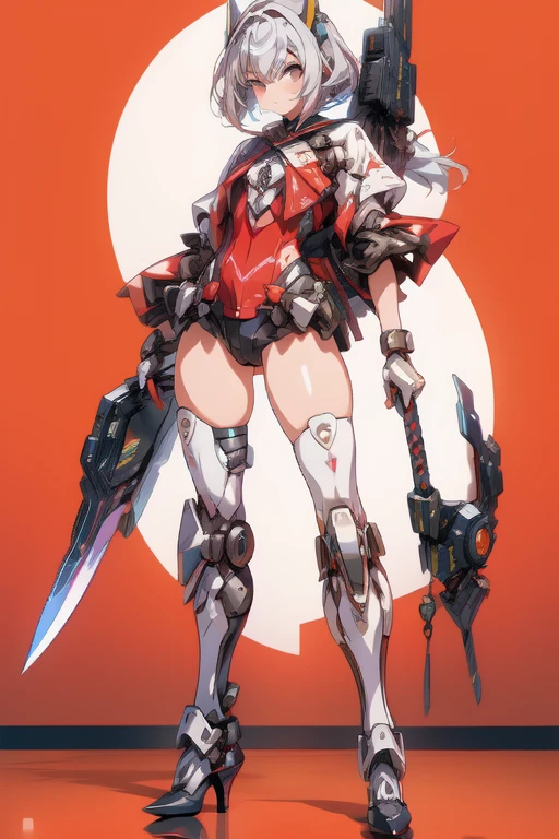 software:2,0, 16K, High resolution, Highest quality, Simple Background, Full Body Shot,Japanese sword
, Official Art,mecha musume:1.3,  Chest close-up, Exoskeleton:1.7, Mechanized Body Suit:1.6
, Mature Idol Older Sister, Are standing, Slingshot Leotard,  mechanized armor:1.4, Knee socks ,High heels:1.2