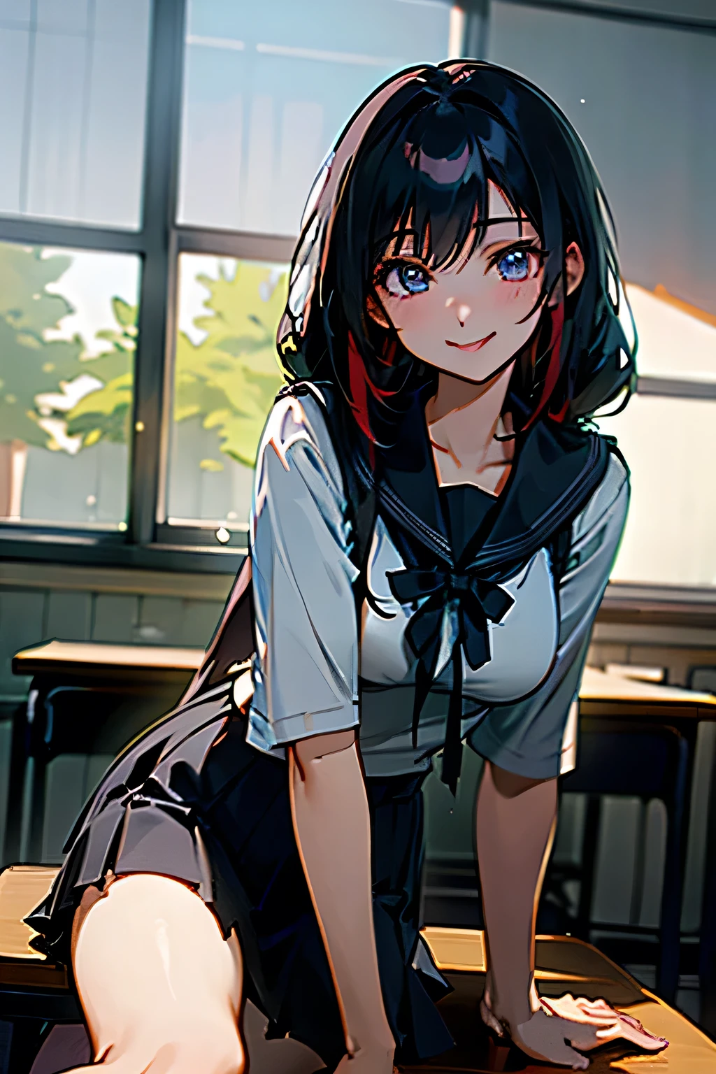 high school girl, front, Cool girls, Classroom scene, The best smile, Black Hair, Summer uniform, Beautiful eyes, Beauty, Sitting at a desk, elbows on the desk, tongue, glint, anime, reflection light, best quality, highres, high details, UHD