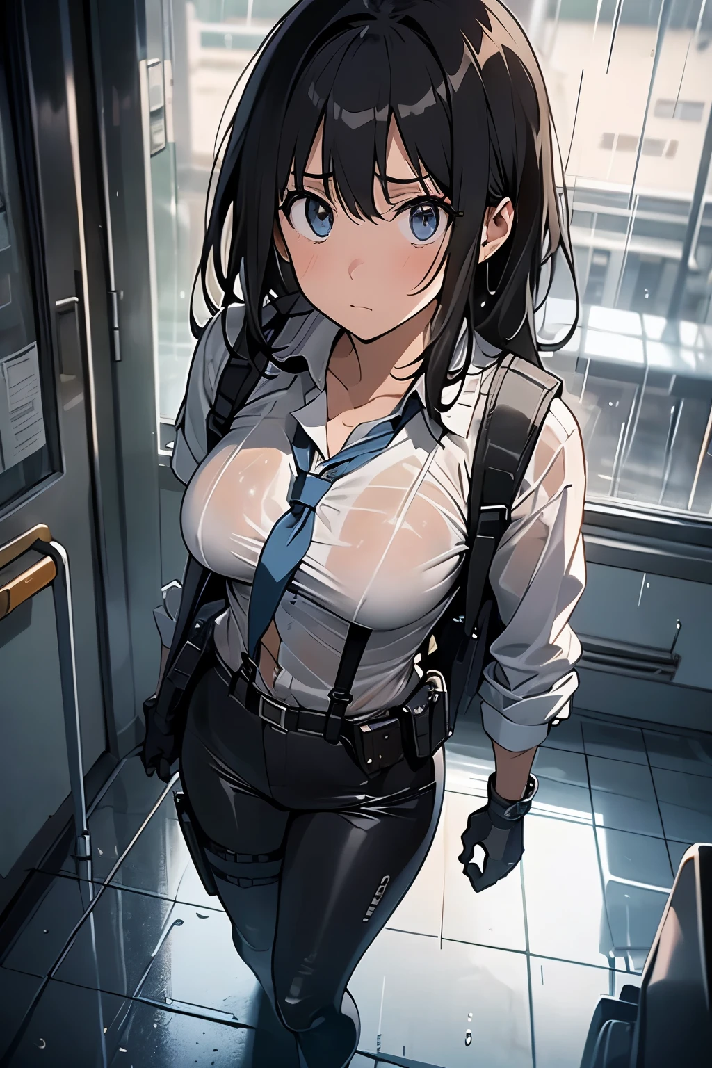 1 female, , high quality, masterpiece, Ultra-high resolution, , Cinema Lighting, , , And the suspenders with the cranes flying Large Breasts Small face holster Lying in bed Looking up Sweat belt summer 脇Sweat Black Hole Gloves suit shirt Black jacket Black trousers Leg Links ズボンにbelt holster Hands behind your back Anxious expression Looking up Anxious face, legs apart Armament Handgun handcuffs Cable ties レッグholster holster See-through clothing heavy rain Getting wet in the rain