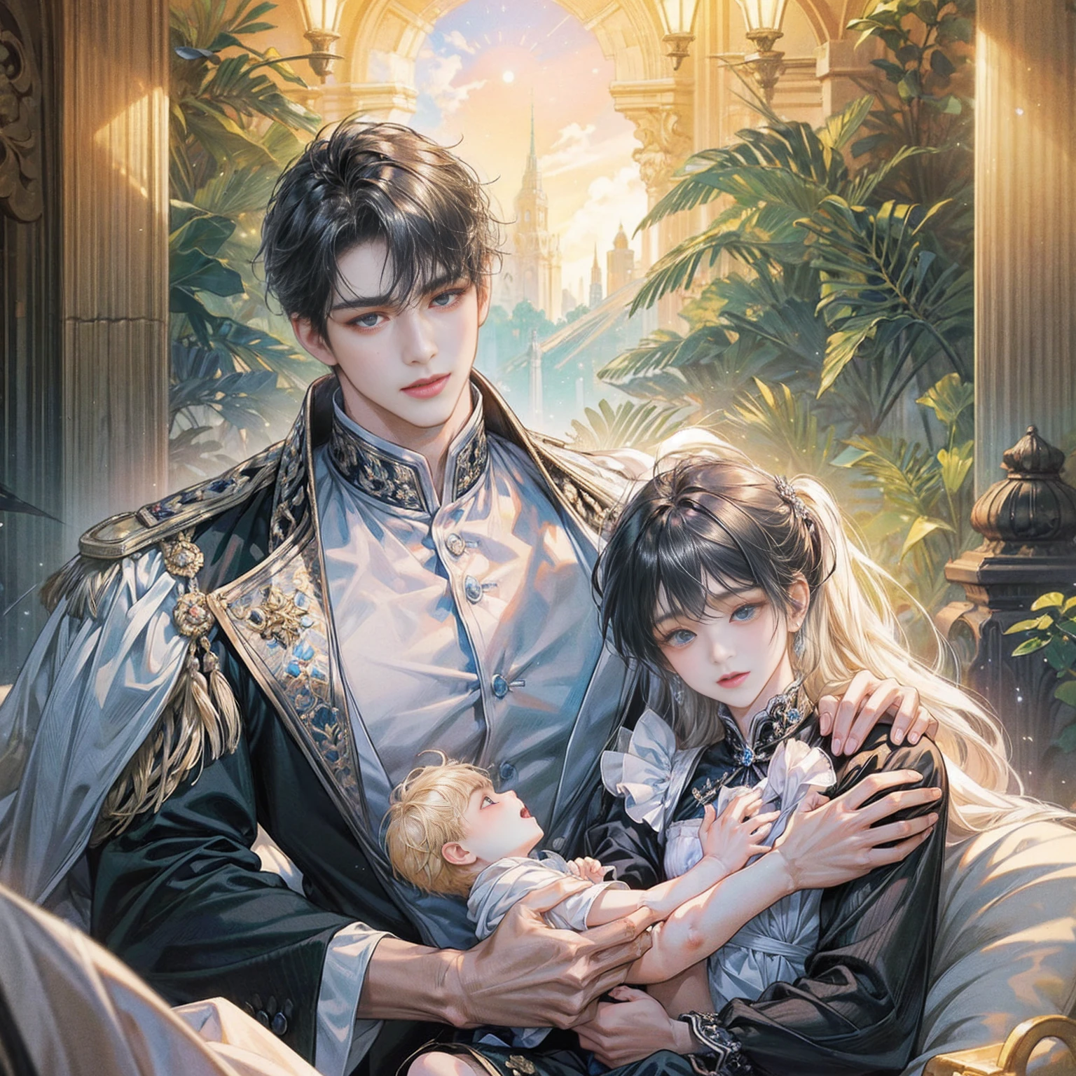 (((masterpiece))), ((Highest quality)), ((Super detailed)), (CG illustration), Happy parent-child scene。The resurrected form of Emperor Constantine and the twins Crispus and Fausta.、Father and son landscape、Under the clear blue sky、A summer evening where a stylish modern mansion shines。As the bright sunlight envelopes the sea and the mansion、A young father in his 30s hugs his twin sons tightly and warmly on his way home from work。The father&#39;s face was filled with deep love, retribution and forgiveness.、I can see the look of relief on his face, having overcome his past mistakes.。The children have innocent, naive smiles、He buried his face in his father&#39;s shoulder and looked relieved.。Light and shadow gently intersect、A scene that creates a warm and moving atmosphere overall.。」Love。Love, forgiveness, healing and purification。Detailed and delicate。lyrical。Heartful Modern。Gorgeous。elegant。masterpiece。super high quality。, beauty, brilliance, ultra-high quality, ultra-high resolution, Ultra-fine, ultra-beautiful, a masterpiece.​masterpiece。I'm in love with you,