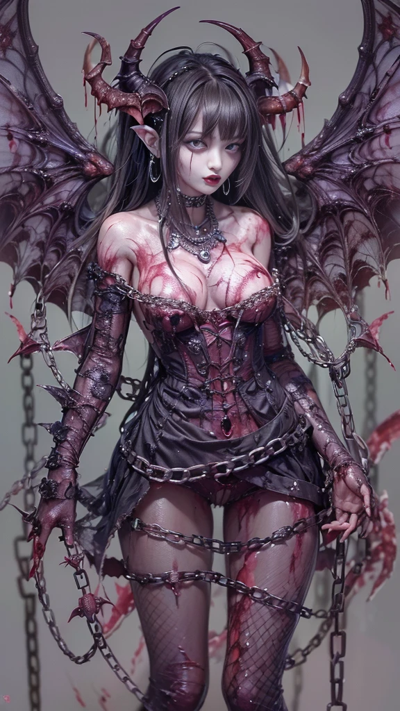 (32K:1.5, Dark fantasy:1.4, Highest quality, masterpiece, Ultra-high resolution), Perfect dynamic composition:1.3, Horror Portrait, chaos, Dark Background:1.3, Prisoner, slave, Dark Demon World, evil, (Detailed tattoos on the whole body:1.4, wearing exquisite jewelry:1.4), Very detailedな肌と顔の質感:1.3, Very accurate, Very detailed, (Sexy succubus demon with big wings:1.3, Incredibly slim body:1.3, beautifully、aesthetic:1.3), Horn, Fair skin, Sensual posture, collar with chain, ((Putting Badly Torn Clothing Back on Properly:1.3)), Medium chest, (Big eyes that exude eroticism:0.4, Feel the stimulating caress:1.0, Open your mouth a little, lipstick, Feel the eroticism:0.9, Too sexy:0.9, charm的な:0.9), ((Bloody:1.5, Covered in scars:1.5, Necrosis:1.6, Lots of chains:1.6, Countless chains tangled in clothes:1.6, Chain your right arm:1.5, Chain the left arm:1.5, The right leg is bound with a shackle and chain:1.5, The left leg is bound with a shackle and chain:1.5)), Super long blonde curly hair, Earrings, necklace, bracelet, romantic, mysterious, elegant, Object of admiration, original, dramatic, artistic, Innovative, charm, Heartful, Fancy, sense of openness, sense of cleanliness, special, exciting, grotesque, Extreme, Tilt, sense of loss, sorrow, sorrowの表現, ((evilのcharm, 女性的なcharm))