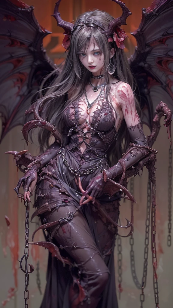 (32K:1.5, Dark fantasy:1.4, Highest quality, masterpiece, Ultra-high resolution), Perfect dynamic composition:1.3, Horror Portrait, chaos, Dark Background:1.3, Prisoner, slave, Dark Demon World, evil, (Detailed tattoos on the whole body:1.4, wearing exquisite jewelry:1.4), Very detailedな肌と顔の質感:1.3, Very accurate, Very detailed, (Sexy succubus demon with big wings:1.3, Incredibly slim body:1.3, beautifully、aesthetic:1.3), Horn, Fair skin, Sensual posture, collar with chain, ((Putting Badly Torn Clothing Back on Properly:1.3)), Medium chest, (Big eyes that exude eroticism:0.4, Feel the stimulating caress:1.0, Open your mouth a little, lipstick, Feel the eroticism:0.9, Too sexy:0.9, charm的な:0.9), ((Bloody:1.5, Covered in scars:1.5, Necrosis:1.6, Lots of chains:1.6, Countless chains tangled in clothes:1.6, Chain your right arm:1.5, Chain the left arm:1.5, The right leg is bound with a shackle and chain:1.5, The left leg is bound with a shackle and chain:1.5)), Super long blonde curly hair, Earrings, necklace, bracelet, romantic, mysterious, elegant, Object of admiration, original, dramatic, artistic, Innovative, charm, Heartful, Fancy, sense of openness, sense of cleanliness, special, exciting, grotesque, Extreme, Tilt, sense of loss, sorrow, sorrowの表現, ((evilのcharm, 女性的なcharm))