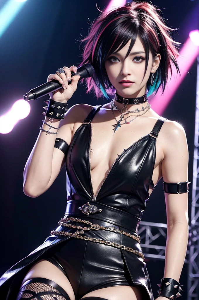 (masterpiece:1.4), (best quality:1.4), ultra high res, ultra high resolution, ((ultra detailed facial features)), HDR, (realistic, photorealistic, photo-realistic:1.37), (1 man), full body Esbian, (sexy Japanese male model), (-anime), vivid colors, ((vivid colors multicolor (Visual Kei style spikes very short hair))), (big smile), ultra detailed glam rock makeup, bold lipstick, long lashes, defined eyebrows, wearing large Visual Kei jewelery, wearing a Visual Kei cosplay, ((vivid Visual Kei outfit)), layered clothing, choker, rings, bracelets, piercings, look at the camera, cinematic light, rockstar festival stage background with multicolor lights, sweet and sexy pose