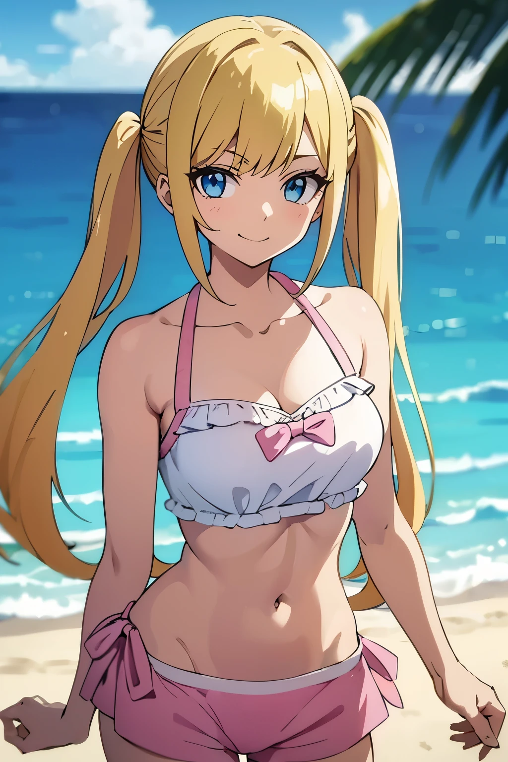 Safe for work, masterpiece, best quality, solo, 1 girl,   (young female body:1.4), ( medium breasts), slender legs, golden yellow hair, extra long hair, blunt bangs, crystal blue eyes, very detailed eyes, beach, standing, elegant, smiling, flustered,  cute girl, cowboy shot, completely pink swimsuit, detailed eyes, expressive face, built in shorts, pink modest swimsuit with shorts, twin tails, tankini, two piece bathing suit, tankini with long boy shorts, sleeveless