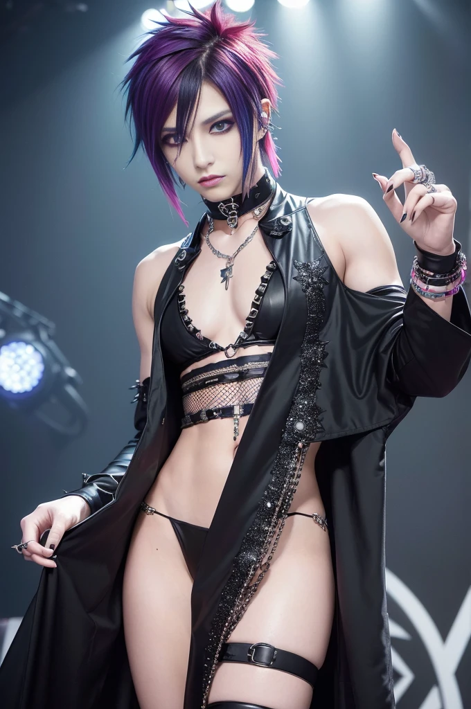 (masterpiece:1.4), (best quality:1.4), ultra high res, ultra high resolution, ((ultra detailed facial features)), HDR, (realistic, photorealistic, photo-realistic:1.37), (1 man), full body Esbian, (sexy Japanese male model), (-anime), vivid colors, ((vivid colors multicolor (Visual Kei style spikes very short hair))), (big smile), ultra detailed glam rock makeup, bold lipstick, long lashes, defined eyebrows, wearing large Visual Kei jewelery, wearing a Visual Kei cosplay, ((vivid Visual Kei outfit)), layered clothing, choker, rings, bracelets, piercings, look at the camera, cinematic light, rockstar festival stage background with multicolor lights, sweet and sexy pose
