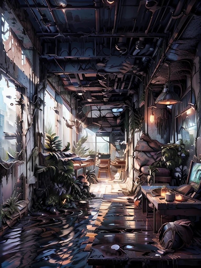 Create a post-apocalyptic scenario in which the Earth is flooded, There are few treeany buildings and structures. 廃墟などのHigh resolutionの詳細を追加する, Structural cracks, Electrical equipment malfunction, Insufficient lighting. The scene should have a mysterious and dark atmosphere., Contains elements of water and ruins, High resolution, Super detailed, Add ships to be used as cities, Ship City, 8k, Quality is abundant