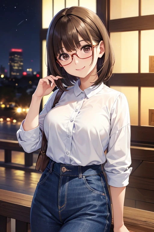 anegasaki nene、Shiny brown hair, short hair, (Beautiful brown eyes、Sparkling eyes, Fine grain)、smile、Ultra-detailed eyes、Highly detailed face, Highly detailed eyes,


masterpiece、High resolution、High resolution、High resolution、1 female、Very close、((Cowboy Shot))、
((Brown Hair、short hair、Pixie Cut))、((Round frame glasses))、優しいsmile、Smiling with teeth showing、((Late Night City))、