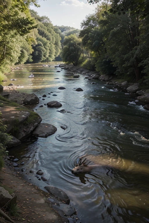 Realistic landscape with realistic river and realistic animals