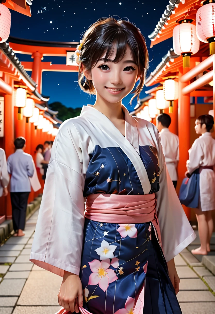 Anime style, first-person view, Japanese summer festival at night, beautiful anime girl in yukata smiling gently, holding hands, lantern-lit shrine grounds, torii gate and main hall in background, other yukata-clad visitors, colorful food stalls, starry night sky, warm glowing lighting, high detail, soft cel shading, depth of field, dynamic composition, vibrant colors, Ghibli-inspired background art, shoujo manga aesthetic, sparkles and lens flares, flowing fabric details on yukata, expressive anime eyes, blushing cheeks