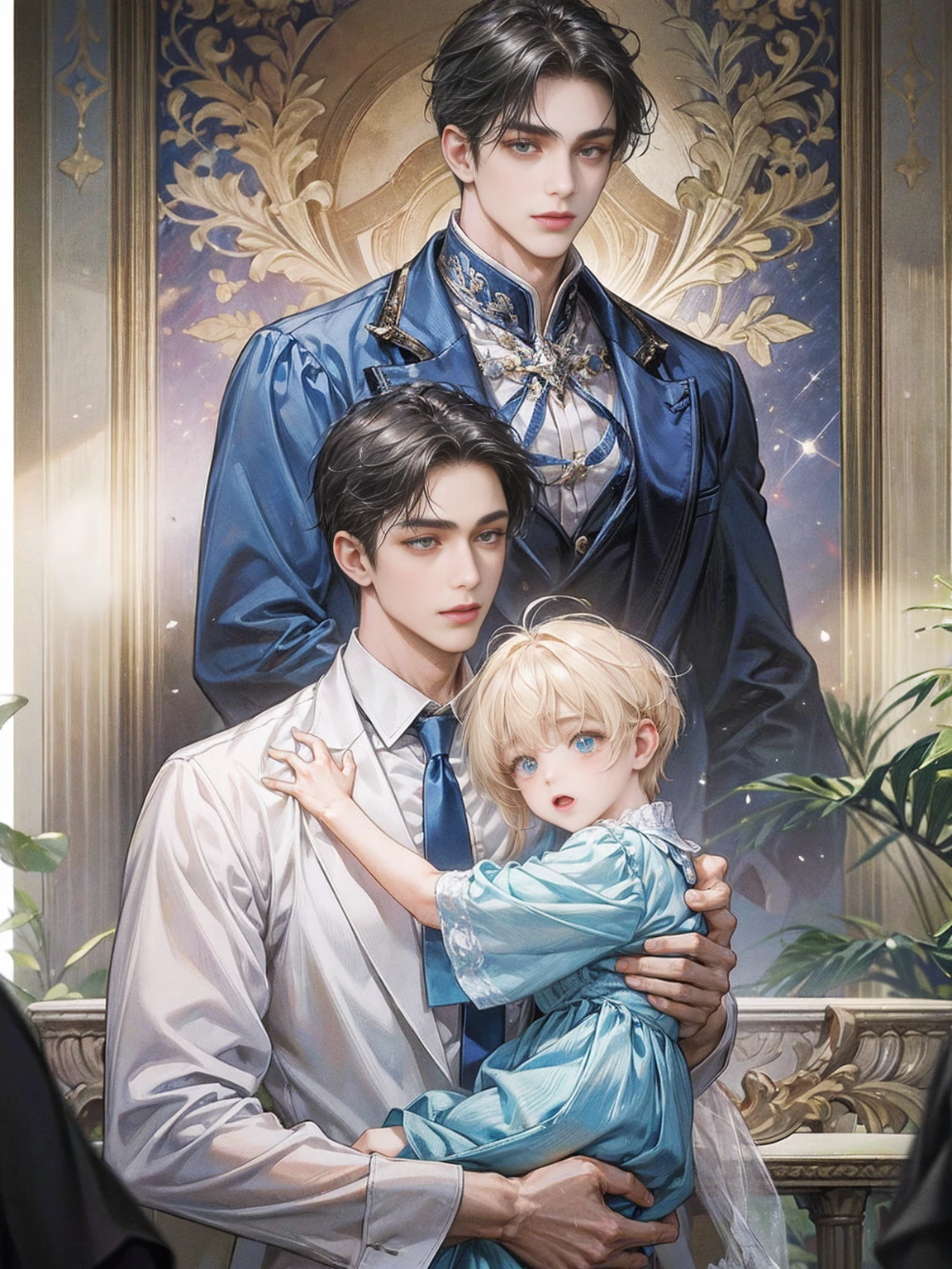 (((masterpiece))), ((Highest quality)), ((Super detailed)), (CG illustration), Happy parent-child scene。The resurrected form of Emperor Constantine and the twins Crispus and Fausta.、Father and son landscape、Under the clear blue sky、A summer evening where a stylish modern mansion shines。As the bright sunlight envelopes the sea and the mansion、A young father in his 30s hugs his twin sons tightly and warmly on his way home from work。The father&#39;s face was filled with deep love, retribution and forgiveness.、I can see the look of relief on his face, having overcome his past mistakes.。The children have innocent, naive smiles、He buried his face in his father&#39;s shoulder and looked relieved.。Light and shadow gently intersect、A scene that creates a warm and moving atmosphere overall.。」Love。Love, forgiveness, healing and purification。Detailed and delicate。lyrical。Heartful Modern。Gorgeous。elegant。masterpiece。super high quality。, beauty, brilliance, ultra-high quality, ultra-high resolution, Ultra-fine, ultra-beautiful, a masterpiece.​masterpiece。I'm in love with you,