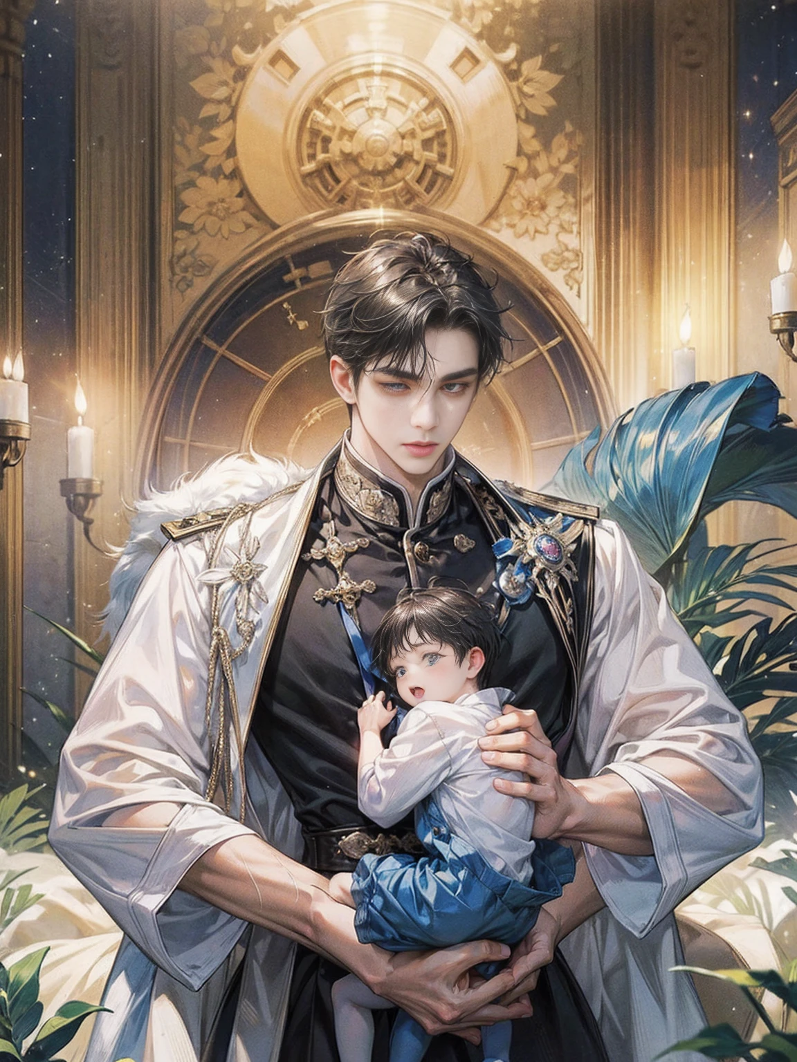 (((masterpiece))), ((Highest quality)), ((Super detailed)), (CG illustration), Happy parent-child scene。The resurrected form of Emperor Constantine and the twins Crispus and Fausta.、Father and son landscape、Under the clear blue sky、A summer evening where a stylish modern mansion shines。As the bright sunlight envelopes the sea and the mansion、A young father in his 30s hugs his twin sons tightly and warmly on his way home from work。The father's face was filled with deep love, retribution and forgiveness.、I can see the look of relief on his face, having overcome his past mistakes.。The children have innocent, naive smiles、He buried his face in his father's shoulder and looked relieved.。Light and shadow gently intersect、A scene that creates a warm and moving atmosphere overall.。」Love。Love, forgiveness, healing and purification。Detailed and delicate。lyrical。Heartful Modern。Gorgeous。elegant。masterpiece。super high quality。, beauty, brilliance, ultra-high quality, ultra-high resolution, Ultra-fine, ultra-beautiful, a masterpiece.masterpiece。I'm in love with you,