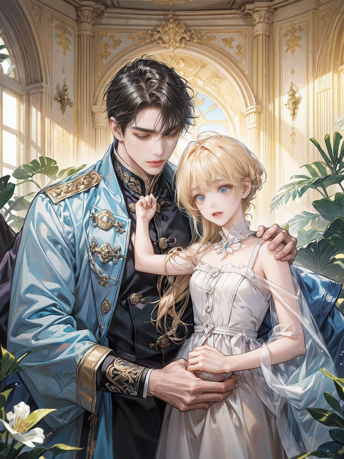 (((masterpiece))), ((Highest quality)), ((Super detailed)), (CG illustration), Happy parent-child scene。The resurrected form of Emperor Constantine and the twins Crispus and Fausta.、Father and son landscape、Under the clear blue sky、A summer evening where a stylish modern mansion shines。As the bright sunlight envelopes the sea and the mansion、A young father in his 30s hugs his twin sons tightly and warmly on his way home from work。The father's face was filled with deep love, retribution and forgiveness.、I can see the look of relief on his face, having overcome his past mistakes.。The children have innocent, naive smiles、He buried his face in his father's shoulder and looked relieved.。Light and shadow gently intersect、A scene that creates a warm and moving atmosphere overall.。」Love。Love, forgiveness, healing and purification。Detailed and delicate。lyrical。Heartful Modern。Gorgeous。elegant。masterpiece。super high quality。, beauty, brilliance, ultra-high quality, ultra-high resolution, Ultra-fine, ultra-beautiful, a masterpiece.masterpiece。I'm in love with you,