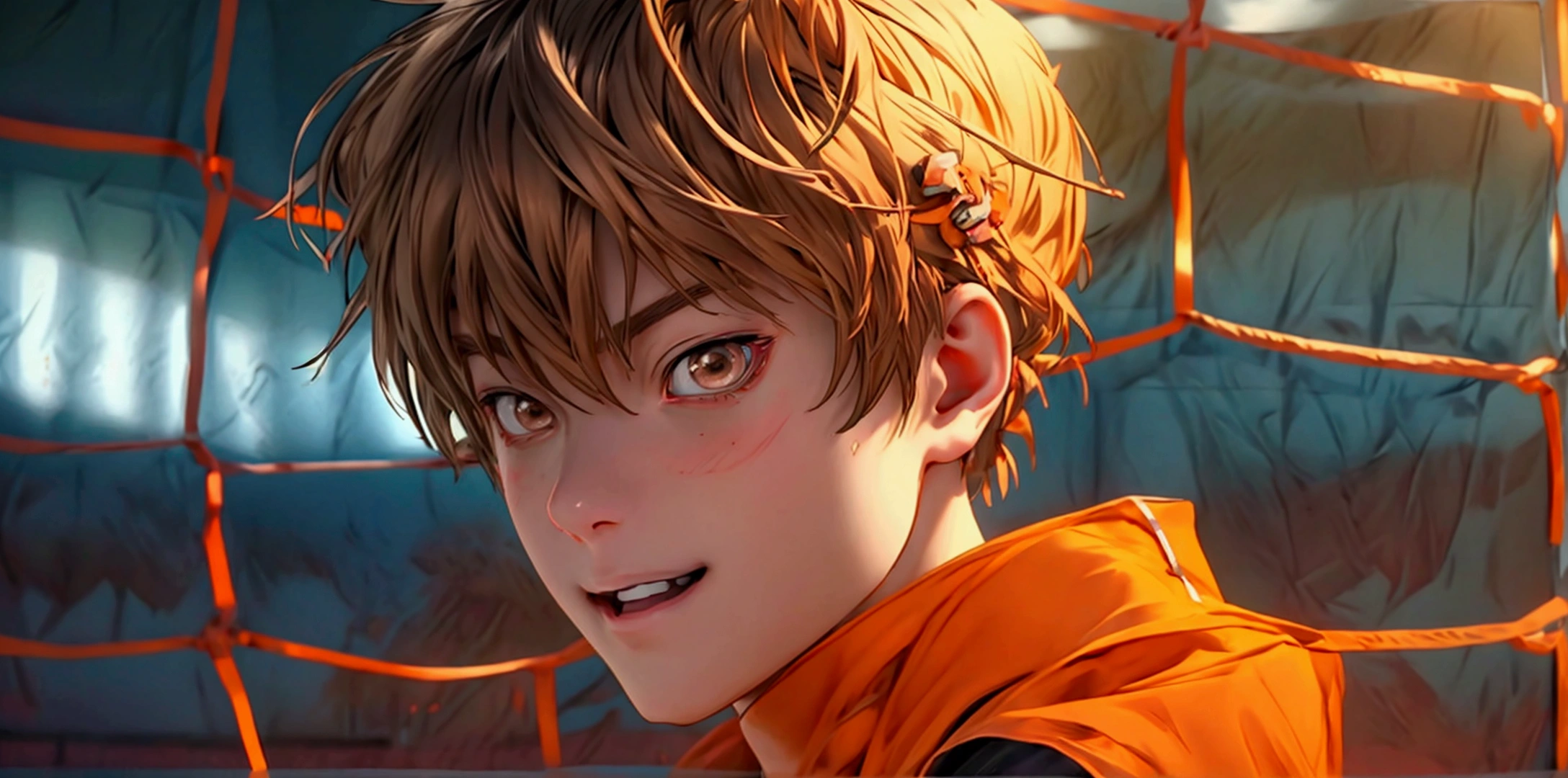 (Very realistic, concentrate、High resolution, Detailed face, Detailed Hair,fine grain)，Official Art，8k wallpaper，figure，((One boy)), Shorthair with light brown hair、Light brown eyes、smile, Trendy clothing，sneakers，whole body，Hands hang down naturally，bright smile,orange hair color, Japanese anime style, anime volleyball boy