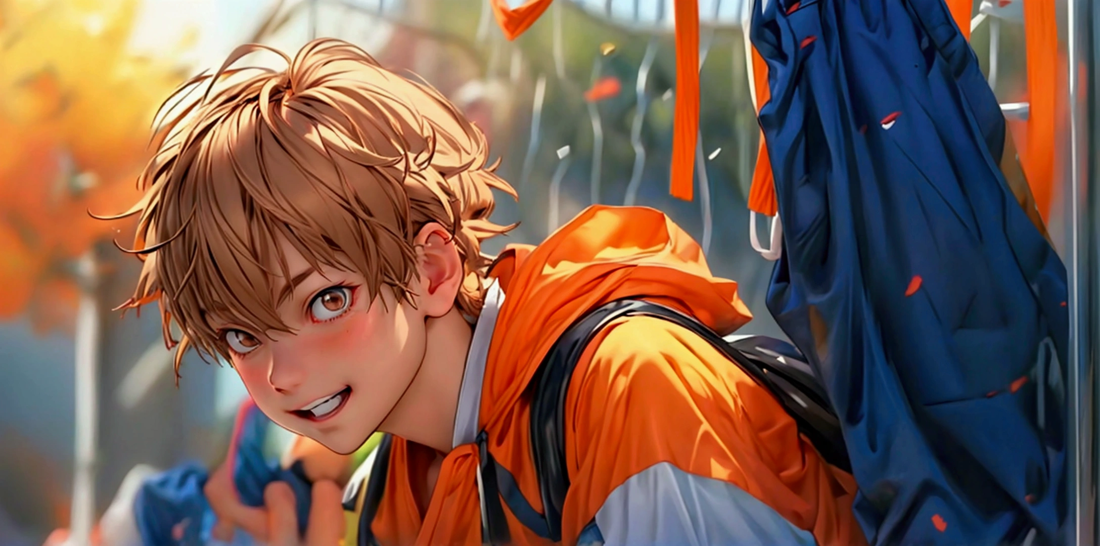 (Very realistic, concentrate、High resolution, Detailed face, Detailed Hair,fine grain)，Official Art，8k wallpaper，figure，((One boy)), Shorthair with light brown hair、Light brown eyes、smile, Trendy clothing，sneakers，whole body，Hands hang down naturally，bright smile,orange hair color, Japanese anime style, anime volleyball boy