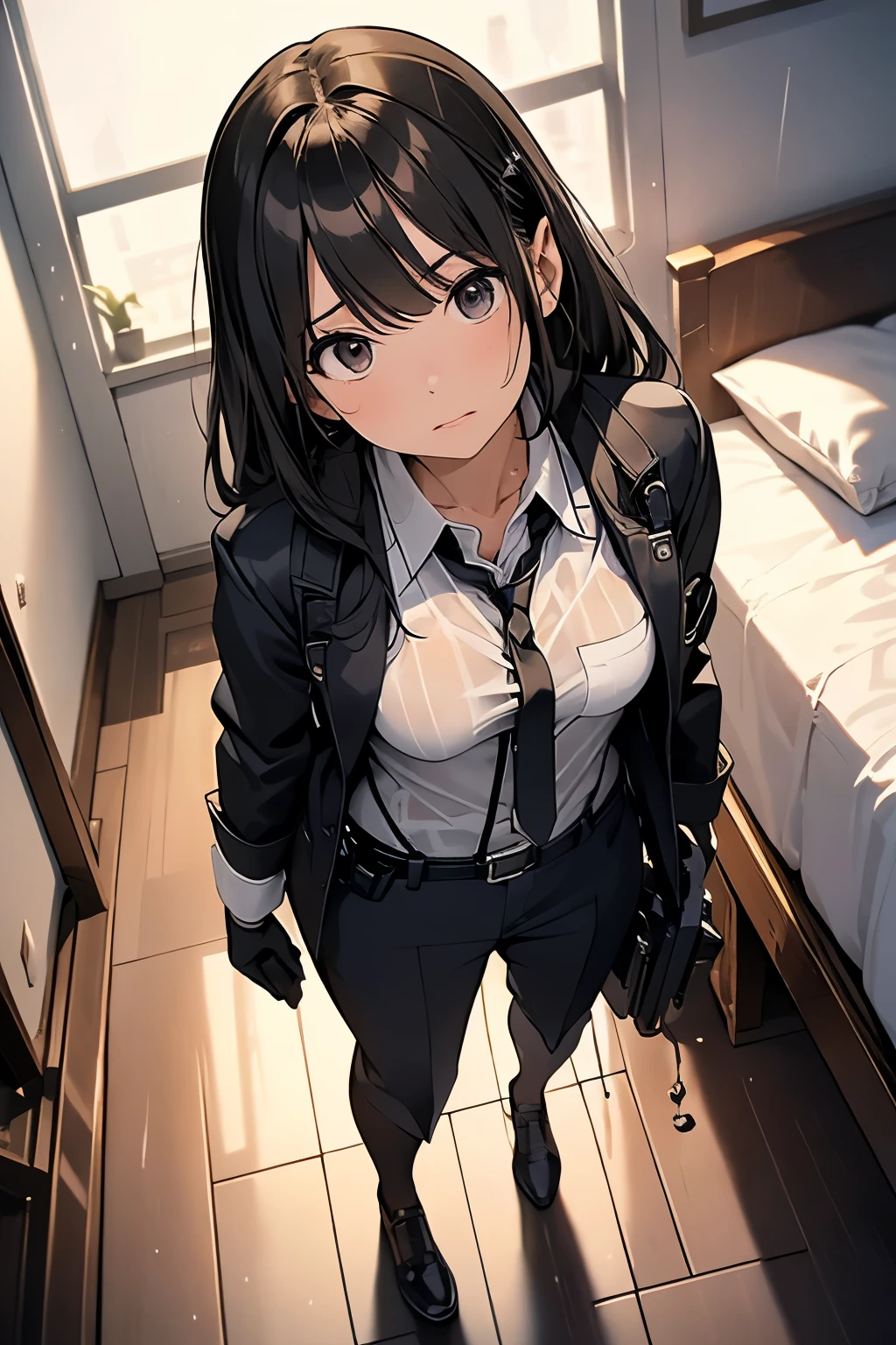 1 female, , high quality, masterpiece, Ultra-high resolution, , Cinema Lighting, , , And the suspenders with the cranes flying Large Breasts Small face holster Lying in bed Looking up Sweat belt summer 脇Sweat Black Hole Gloves suit shirt Black jacket Black trousers Leg Links ズボンにbelt holster Hands behind your back Anxious expression Looking up Anxious face, legs apart Armament Handgun handcuffs Cable ties レッグholster holster See-through clothing heavy rain Getting wet in the rain