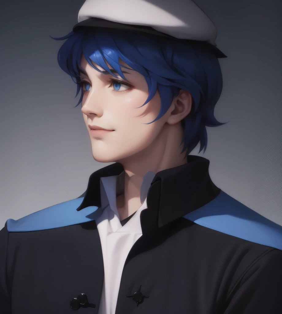 illustration of a man, blue clothes, an illustration inspired by Kanō Hōgai, tumblr, romanticism, yang wen-li, portrait, dark-blue hair, the sandman from graphic novel, deep focus, wearing navy-blue beret, dark blue jacket, fastened with buttons down the front, with a high collar and structured fit. The jacket features shoulder insignias and two breast pockets with button flaps. Underneath the jacket, he wears a light-colored scarf that adds elegance.