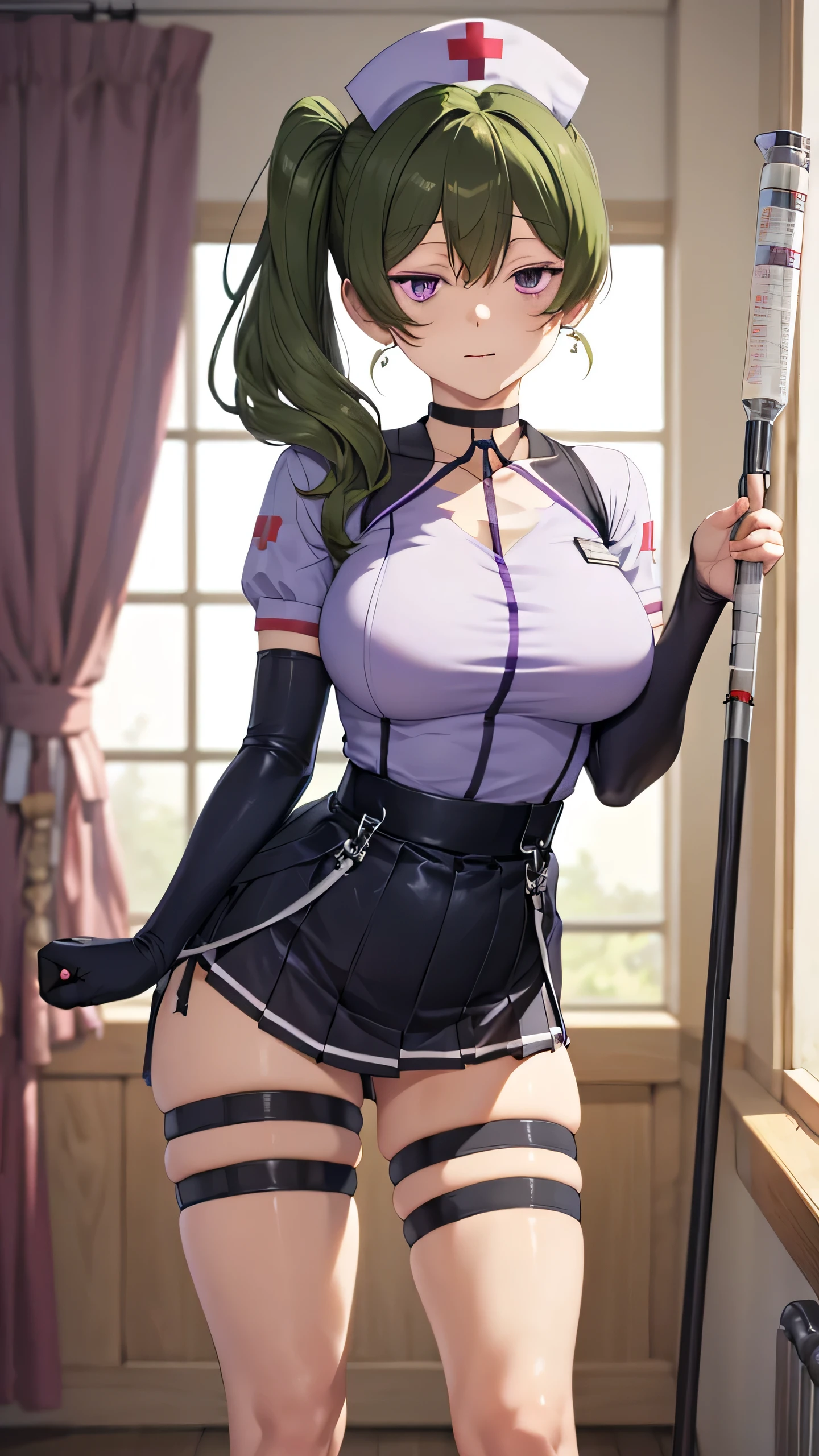 Masterpiece, best quality, UbelFrieren, purple eyes, side ponytail, black choker, single glove, thigh strap, holding, standing, white nurse custom, nurse cap, nurse, syringe, (contrapposto:1.2),big breasts, skin tight, thighs 