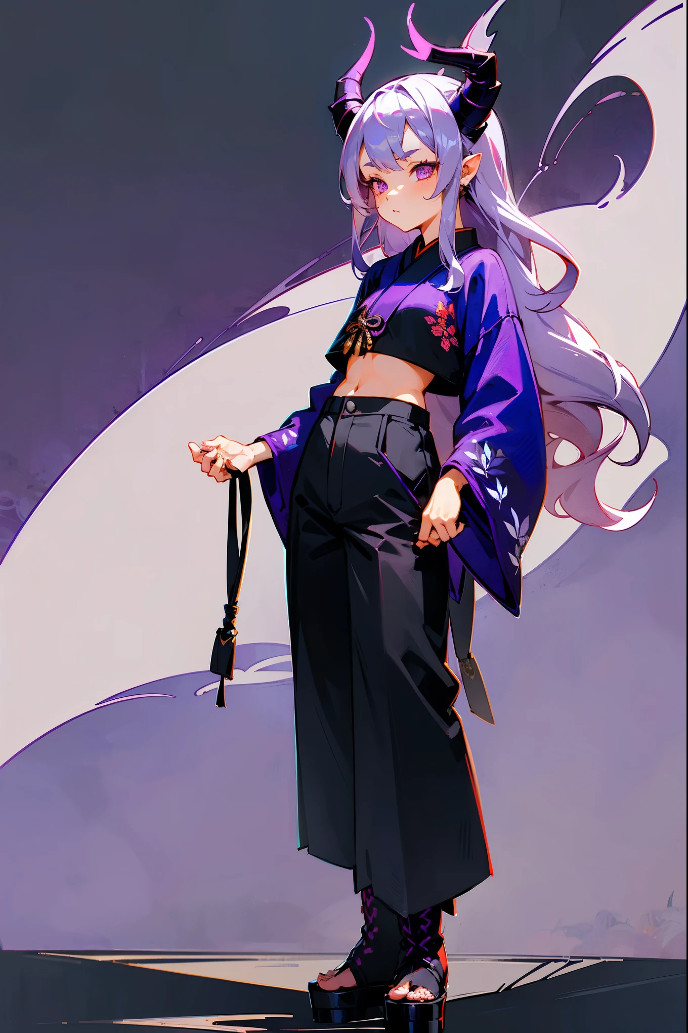 1female, wavy lavender hair, silver eyes, small demon horns, dark purple crop top with flame embroidery, baggy black pants, platform boots, misty traditional japanese background, masterpiece, 8k, detailed face, hands to side, standing on path