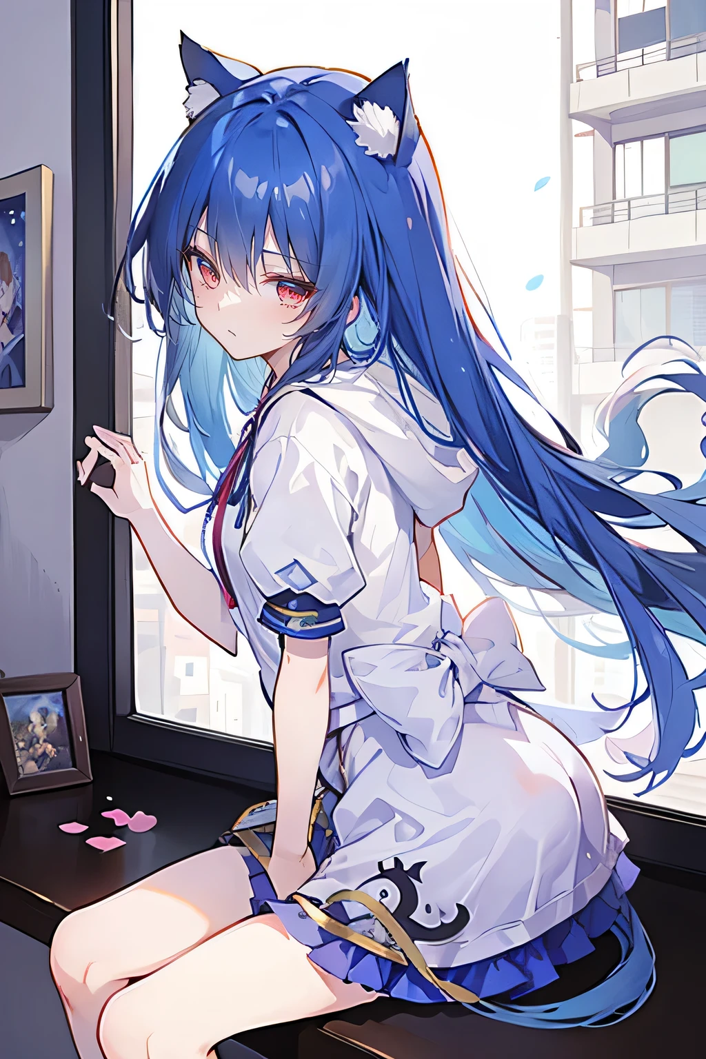 (masterpiece:1.2),Super detailed,lifelike,Expressive eyes,fair skin,perfect face shape,1 girl,
Japanese comics,Gorgeous blue hair,flowing blue hair,flowing clothes,Cat ears,Petals fall,beautiful lola,Baby Angel,
Shaking head with one hand,Cross your legs,smile, wearing hoodie, ,back views,snowing, winter,City Street Scene,winter。sitting on window, looking out the window,Turn your back to the audience,winter。