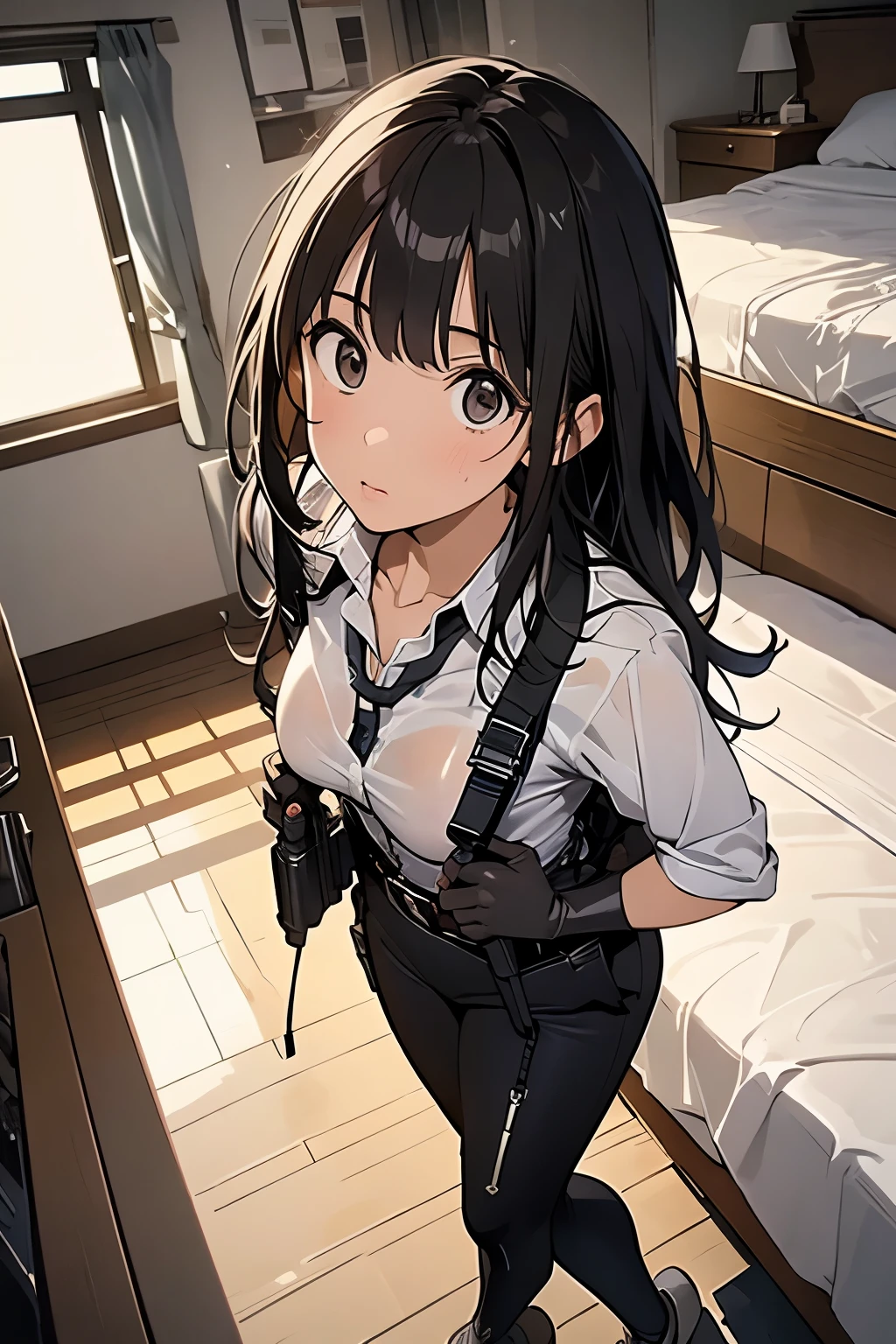 1 female, , high quality, masterpiece, Ultra-high resolution, , Cinema Lighting, , , And the suspenders with the cranes flying　　　Large Breasts　 　 　　　　Small face　 　　　holster　　　　　　　 Lying in bed　Looking up　　　　Sweat 　　　belt　summer　脇Sweat 　Black Hole Gloves　suit　shirt　　Black jacket　 Black trousers　Leg Links　ズボンにbelt　　holster　 　　Hands behind your back　 Anxious expression　Looking up　Anxious face, legs apart　Armament　Handgun　handcuffs　Cable ties　レッグholster　holster　See-through clothing　heavy rain　Getting wet in the rain