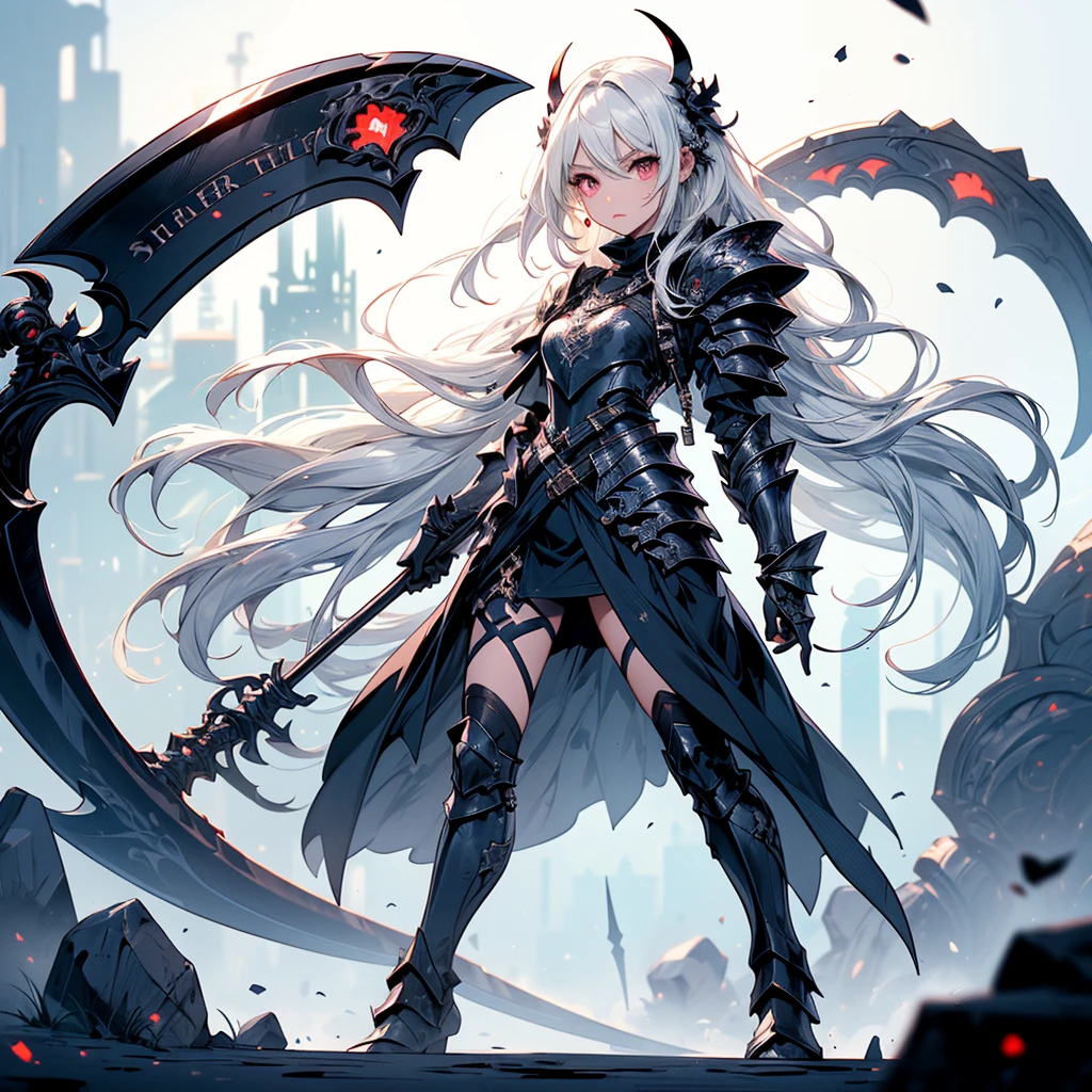 (((masterpiece, best quality, high detailed, 8k))) Design a layout showcase Gaming character, (1girl) Slender cute girl character with short stylish white hair and piercing eyes. She wears a demonic armor in purple black and white. wields a large, stylized scythe. The character has a menacing expression, with a chaotic environment as the background. ((full body front view)). ((slender)), (extremely detailed:1.5), (long white hair:1.2), (piercing red eyes:1.2), (chaotic environment:1.1), (demonic armor:1.3), (stylized scythe:1.3).