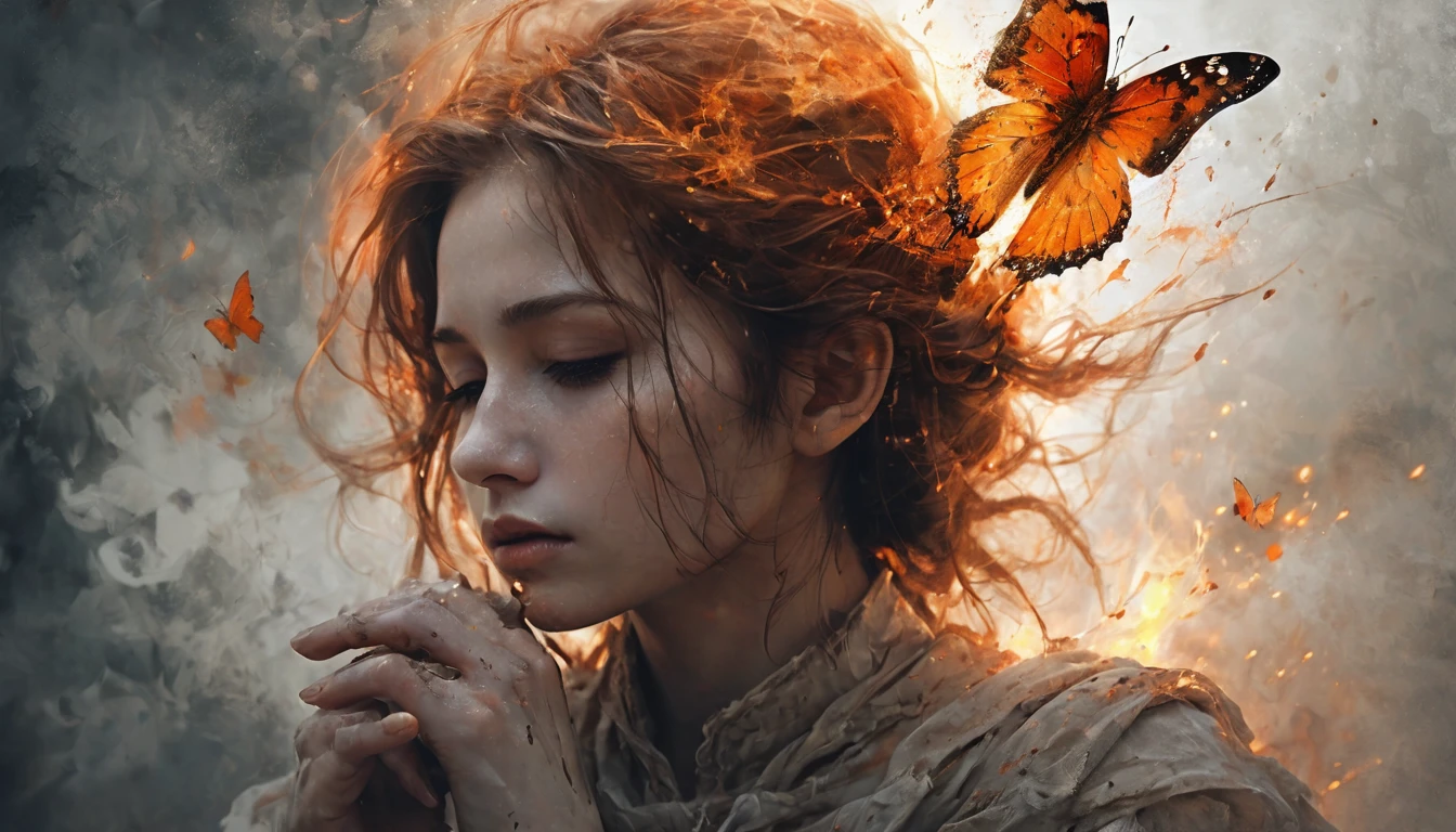 right ,prayer, Beautiful woman, Sad look, Faded elegance, A poignant atmosphere, Lost Beauty, Melancholic mood, Fascinating, Eternal Sadness, Contrasting, Delicate Decay,Line art,Backlight,Wind,Backlight,Stardust,(Wind:1.2),knight,Orange blood, Fire and butterfly 