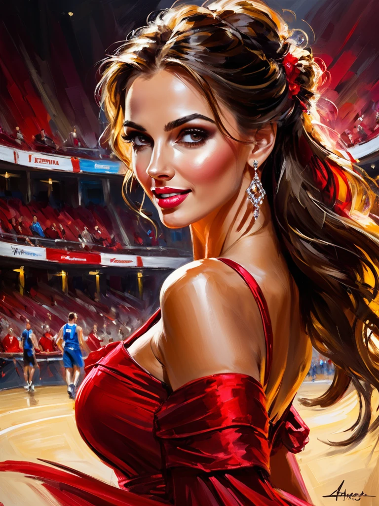 impressionist painting art by andrew atroshenko, sexy beautiful girl in a long red dress in a sports arena, watching exciting game, (close portrait:1.3), (Feminine:1.4), (beautiful:1.4), (attractive:1.3), handsome, perfectly detailed eyes, upper body view, breasts focus, looking excited , brushwork,vibrant color,light and shadow play,captures feeling over form