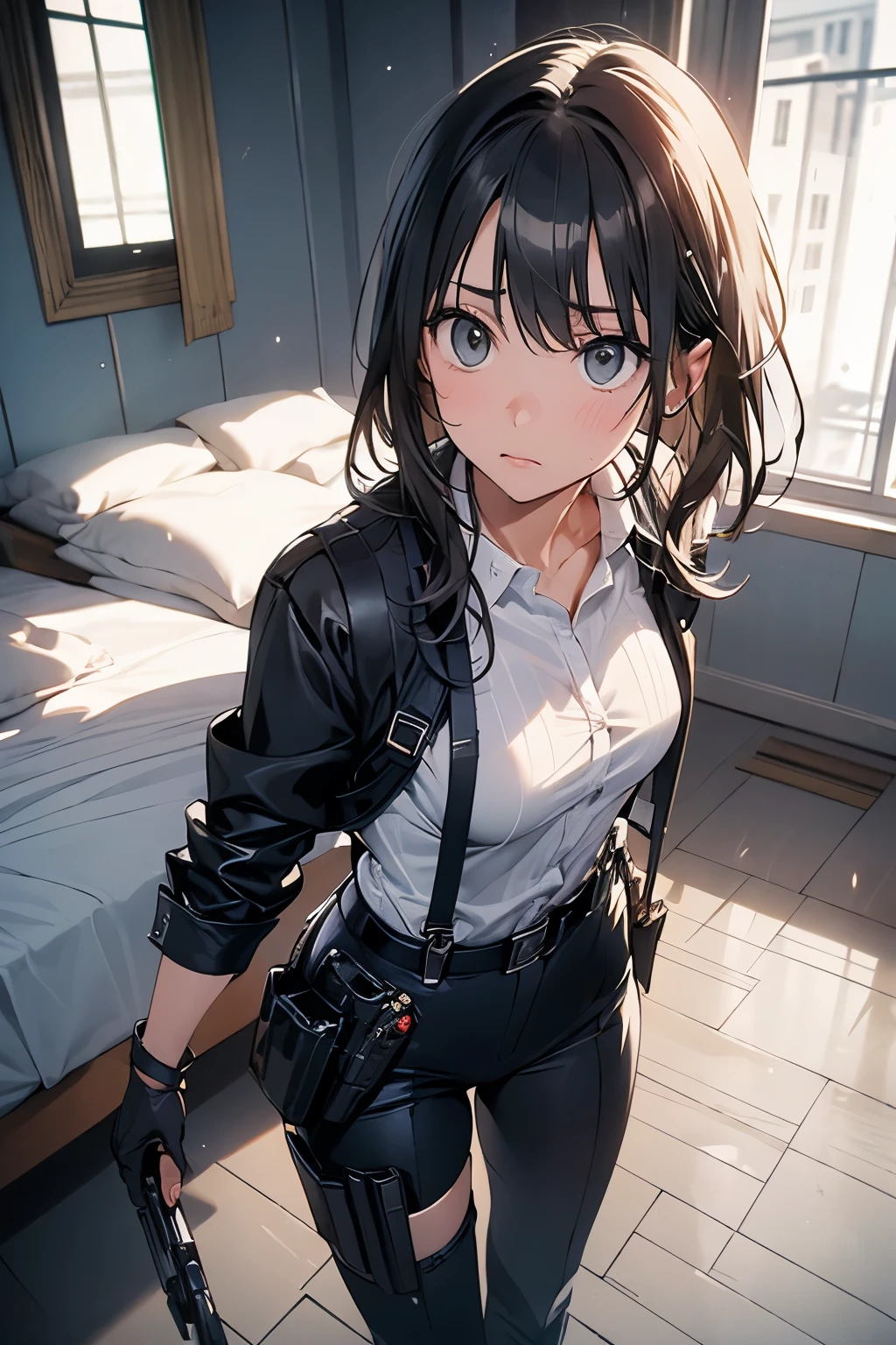 1 female, , high quality, masterpiece, Ultra-high resolution, , Cinema Lighting, , , And the suspenders with the cranes flying　　　Large Breasts　 　 　　　　Small face　 　　　holster　　　　　　　 Lying in bed　Looking up　　　　Sweat 　　　belt　summer　脇Sweat 　Black Hole Gloves　suit　shirt　　Black jacket　 Black trousers　Leg Links　ズボンにbelt　　holster　 　　Hands behind your back　 Anxious expression　Looking up　Anxious face, legs apart　Armament　Handgun　handcuffs　Cable ties　レッグholster　holster　See-through clothing　heavy rain　Getting wet in the rain