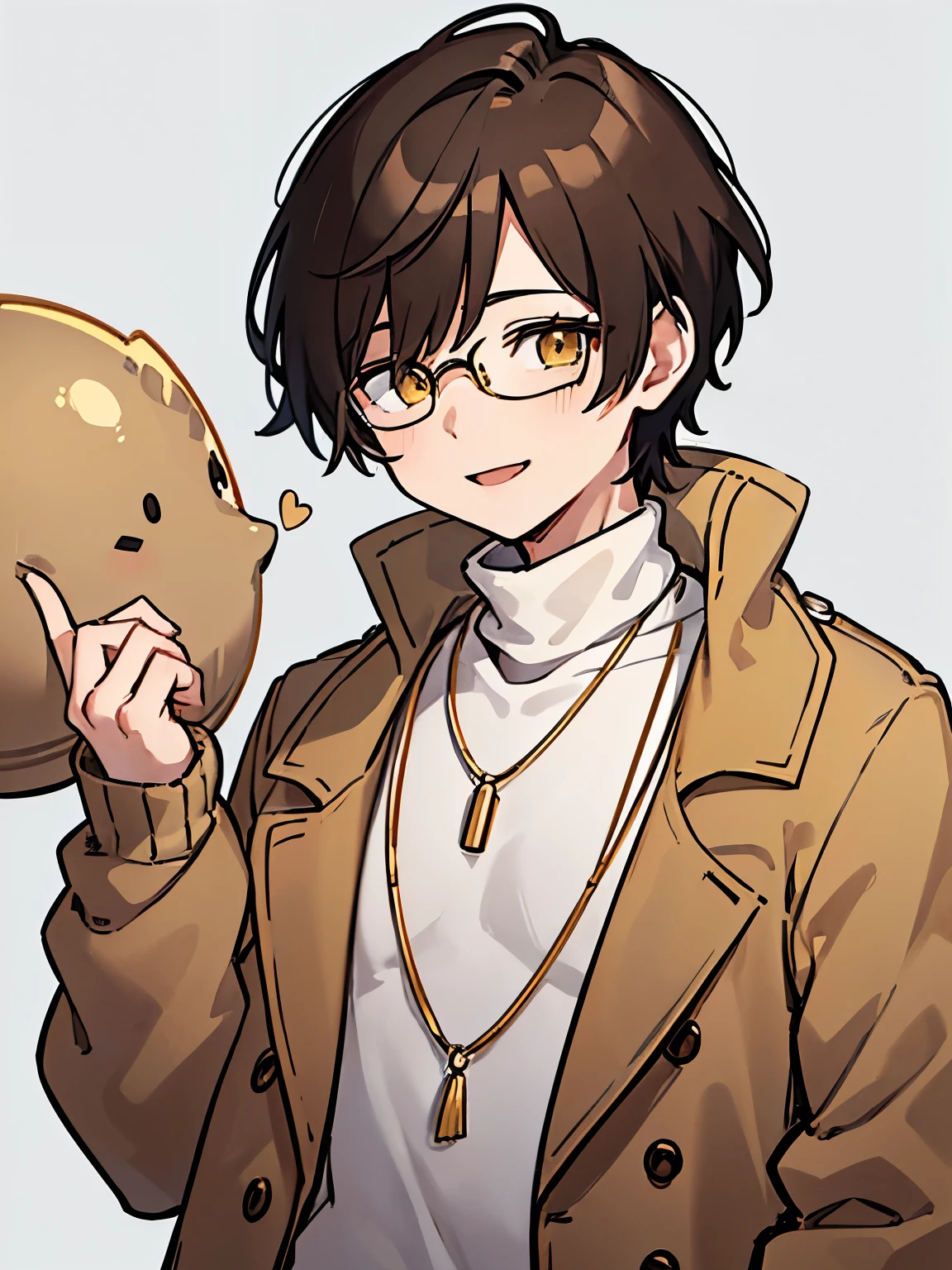 masculine boy, ash brown short messy hair, white beige turtleneck, yellow amber eyes, wearing an ashy brown cardigan on top of turleneck sweater, holding one hand up, simple white background, man, male, masculine, round glasses, gold necklace, smiling, one hand holding the cardigan, one boy, single