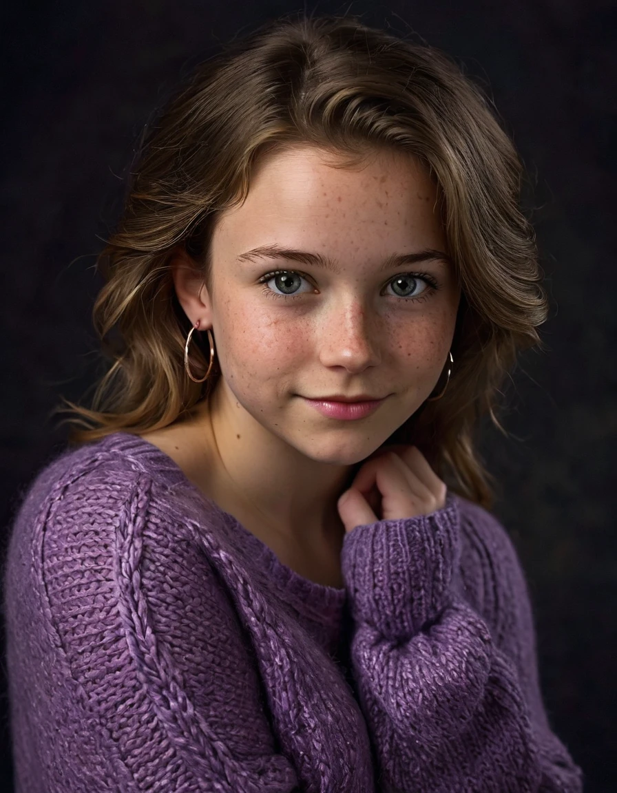 portrait, studio quality, 22 years old DEN_emily_bloomMK2 posing for college photoshoot, shy smirk, dark grey expressive eyes, small freckles, purple knitted wool sweater, hoop earrings, expressive_h, porcelain natural skin texture, dark background, soft lighting from below