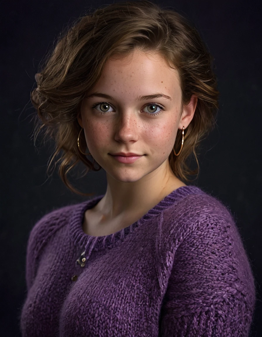 portrait, studio quality, 22 years old DEN_emily_bloomMK2 posing for college photoshoot, shy smirk, dark grey expressive eyes, small freckles, purple knitted wool sweater, hoop earrings, expressive_h, porcelain natural skin texture, dark background, soft lighting from below