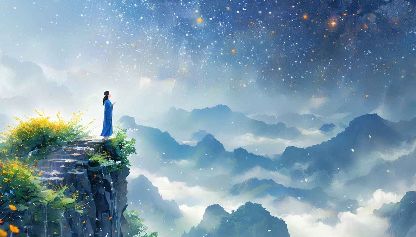 Cai GuoRUN's illustration style, 1girl,A woman in a long skirt stands on a cliff and looks up at the starry sky,Goddess of space,Milky Way Goddess,Goddess of Heaven,Astral Ethereal,dream,Beautiful celestial wizard,Beautiful fantasy painting,Beautiful fantasy art,Ethereal fantasy,Very Beautiful fantasy art,Digital Art Fantasy,enchanting and otherworldly,Fantasy Beauty,Beautiful art rendered in Ultra HD 4K by Octane,Volumetric Light,Natural soft light,(Ultra-delicate:1.2,Loss of focus:1.2,Colorful,Movie Lighting,clair obscur,Ray Tracing),masterpiece,Super rich,Ultra Detailed,8k, 1cgrssh1