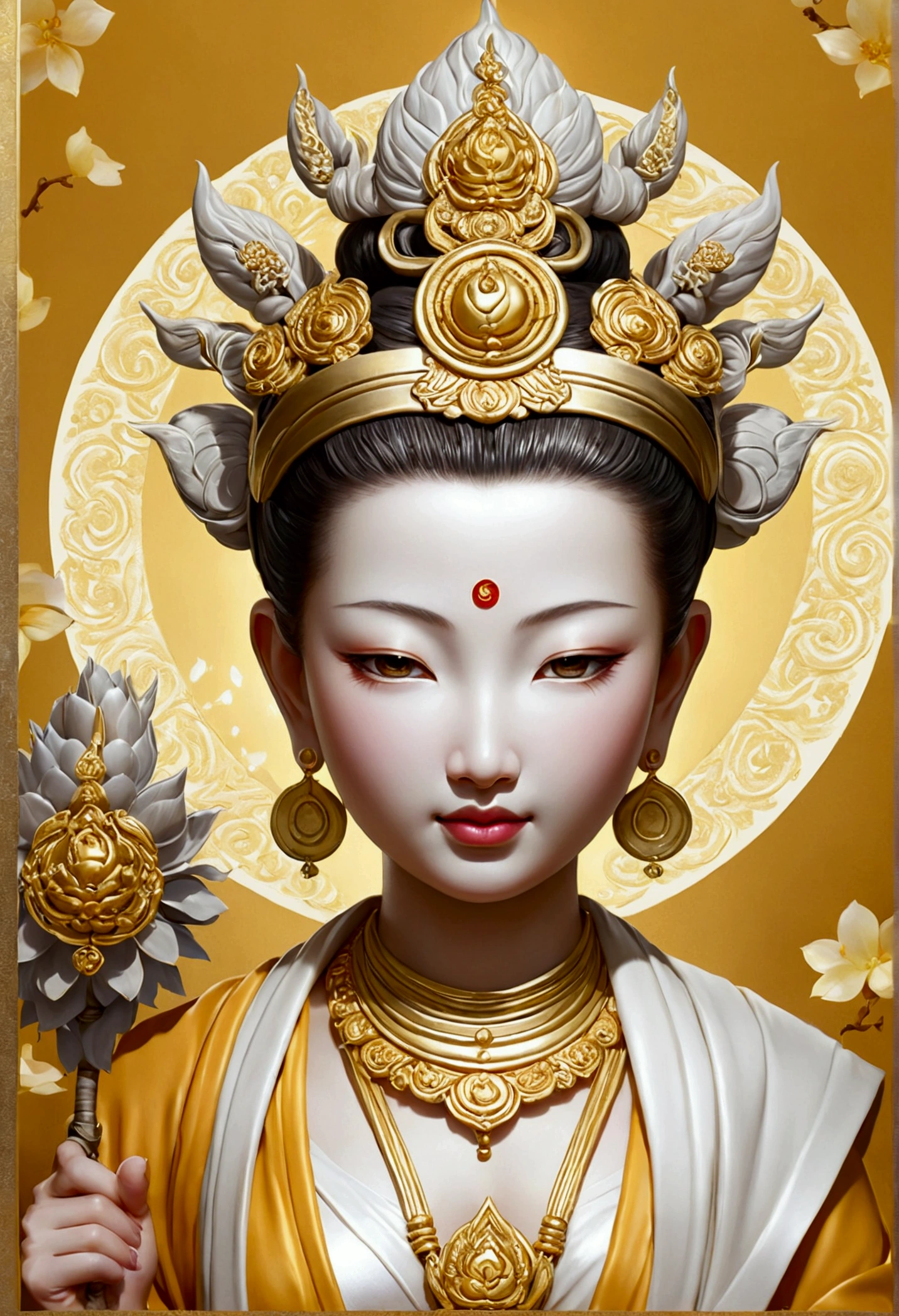 god々Shii　The whole is white gold　A female Bodhisattva with a cute face facing forward　Wearing ornaments　The background is also a color close to platinum.　Make sure to place it in the center　Also, be sure to draw the image so that the top edge is not cut off.