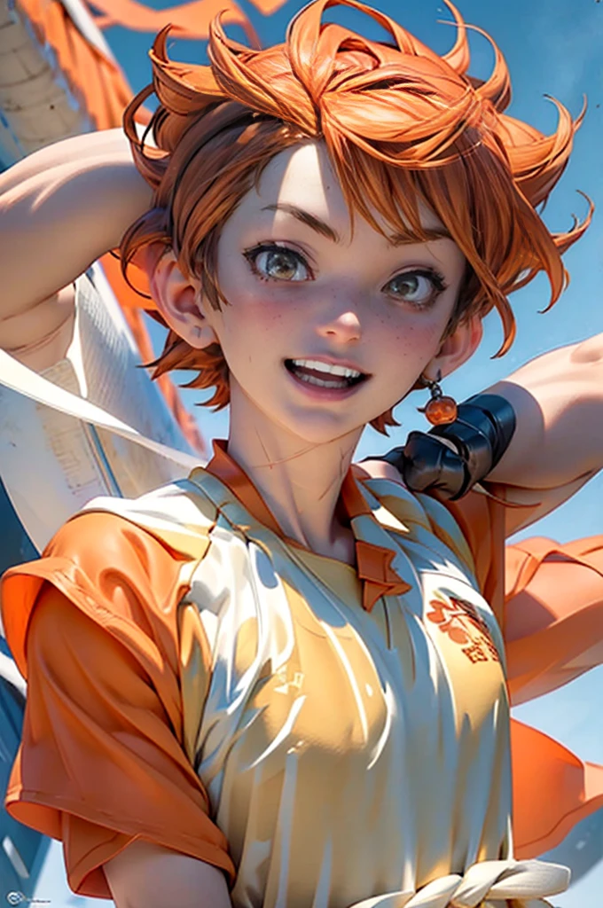 (Very realistic, concentrate、High resolution, Detailed face, Detailed Hair,fine grain)，Official Art，8k wallpaper，figure，((One boy)), Shorthair with light brown hair、Light brown eyes、smile, Trendy clothing，sneakers，whole body，Hands hang down naturally，bright smile,orange hair color, Japanese anime style, anime volleyball boy