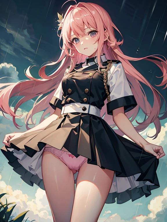 typhoon、heavy rain、 in uniform、The wind lifts the skirt、I see pink panties